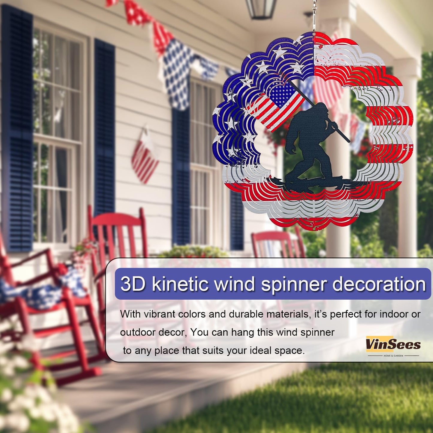 3D Patriotic Bigfoot Wind Spinner Decor - 12 Inch Metal Garden Art, Rust-Proof Outdoor Hanging Decorations, Patriotic American Flag Design, for Outdoor Lovers (Bigfoot)