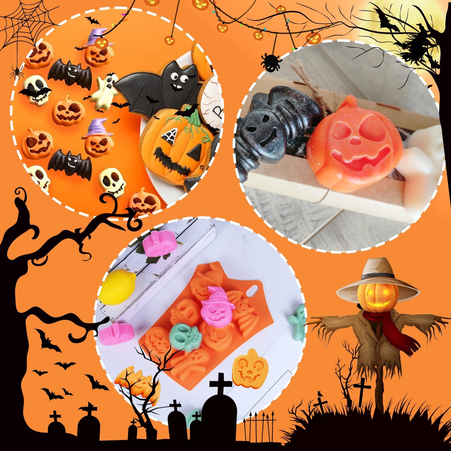 3Pcs LEBERY Halloween Silicone Molds Ghost Pumpkin Skulls Witch Hat Silicone Mold, Non-Stick Halloween Candy Mold Chocolate Cake Cupcake Jelly Ice Cube Baking Crayon Melt Biscuits Fondant Moulds