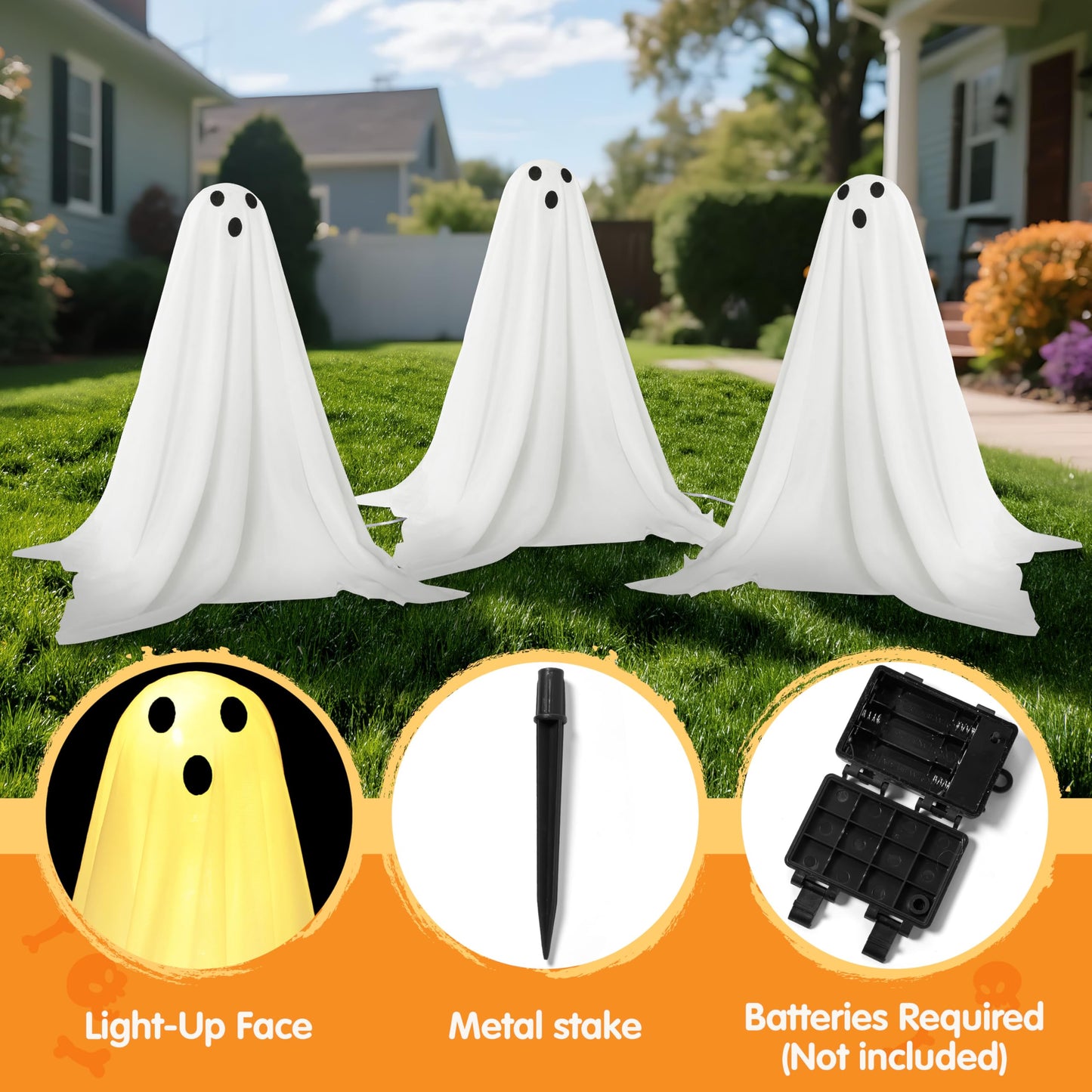 JOYIN 6 Pcs Halloween Decorations Outdoor Ghosts Pathway Lights, 18” White Light Up Cloth Ghost with Yard Stakes for Graveyard Yard Lawn Garden Prop, Party Decor Supplies