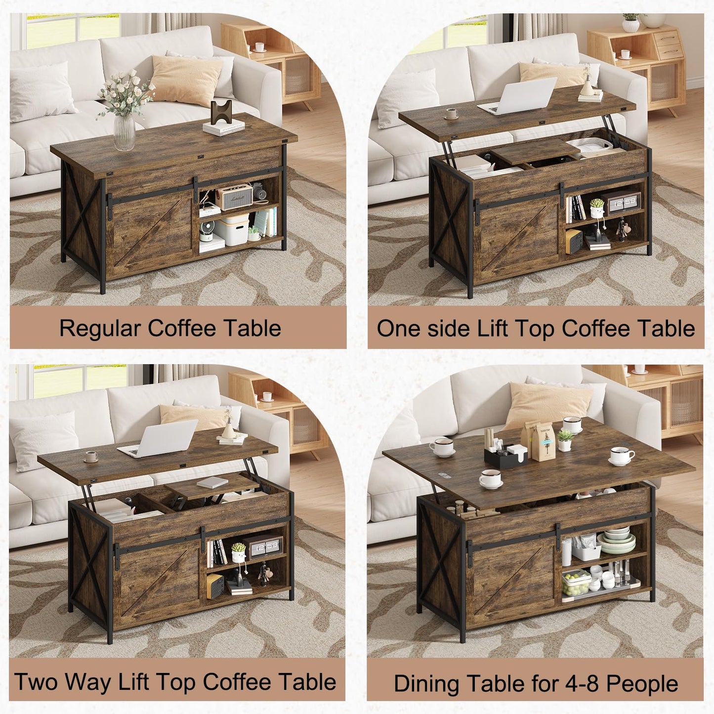 Vividwood Lift Top Coffee Table with Storage and Sliding Door, 4 in 1 Multi-Function Convertible Tea Table with Hidden Compartment, Farmhouse Center Table with Wood Lift Tabletop for Living Room Brown