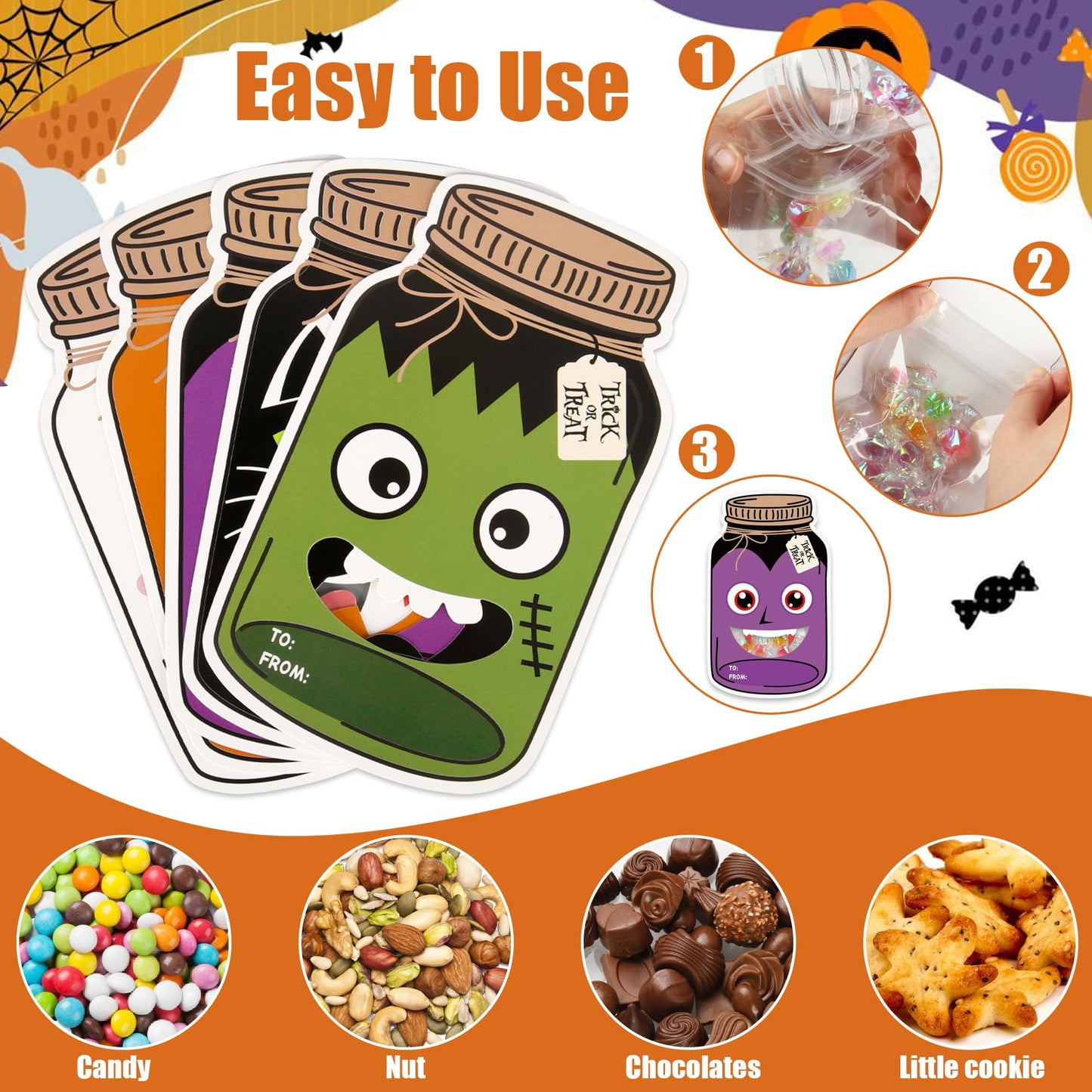 60 Pack Halloween Mason Jar Cards Halloween Candy Holder Cards for Kids Trick or Treat Classroom Prizes Exchange Gifts Card with Treat Bags for School Classroom Prize Gift Party Favors (Candy Not Included)