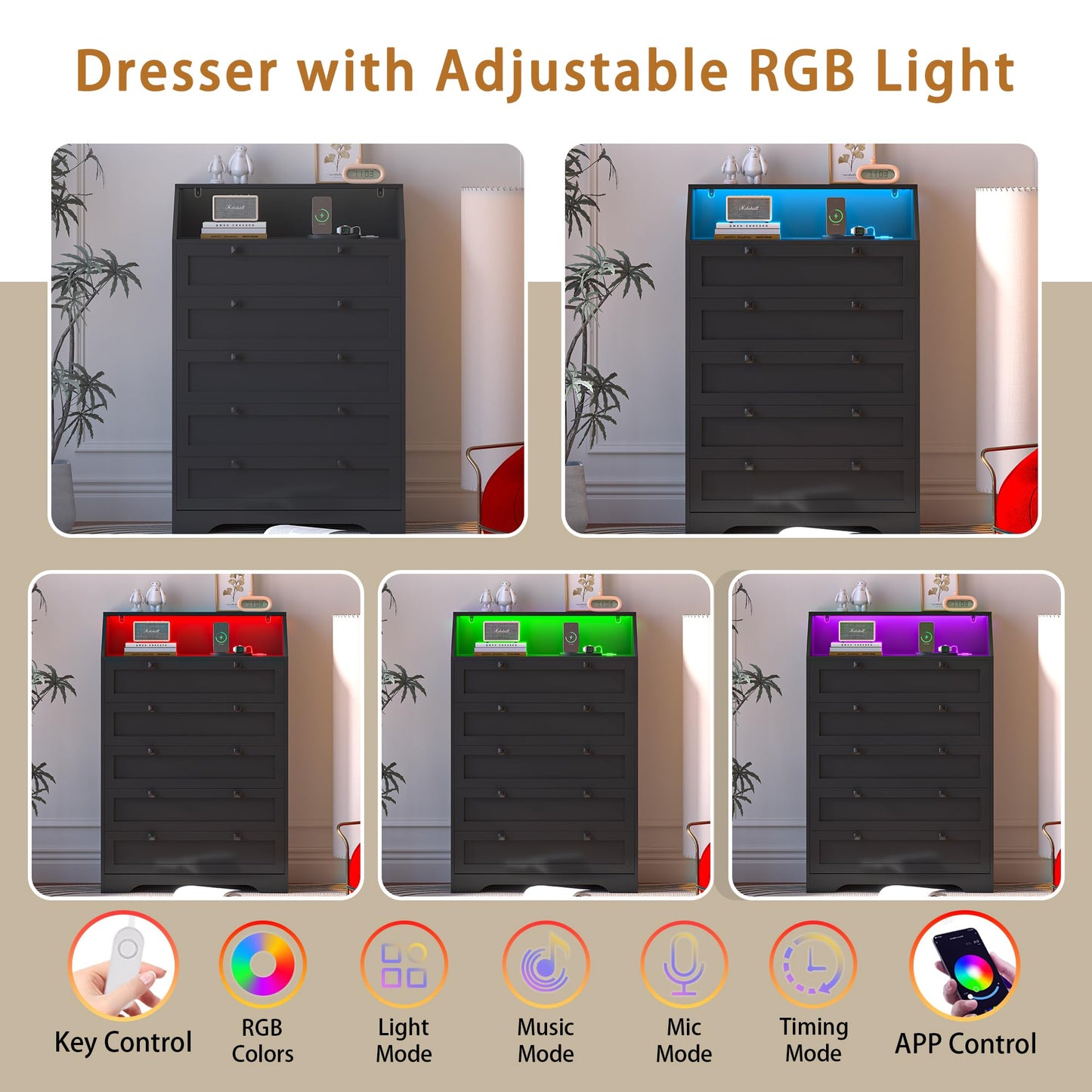 Wodeer Black Dresser Tall 5 Drawer Dresser for Bedroom, Wood Chest of Drawers with LED Lights, Charging Station, Metal Handles, Modern Storage Cabinet and Organizer Drawers for Living Room, Hallway