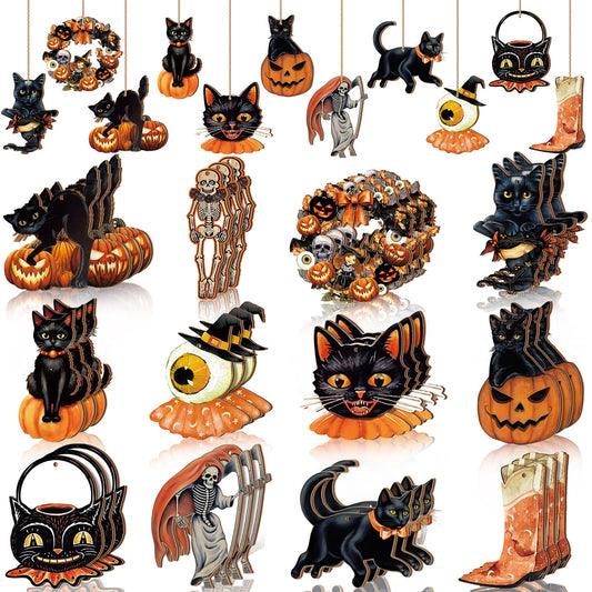 36 Pcs Halloween Ornaments with Ropes Halloween Wood Decor for Tree Pumpkin Skull Cat Wooden Decorations Hanging Ornaments Pendants for Home Party, 12 Styles