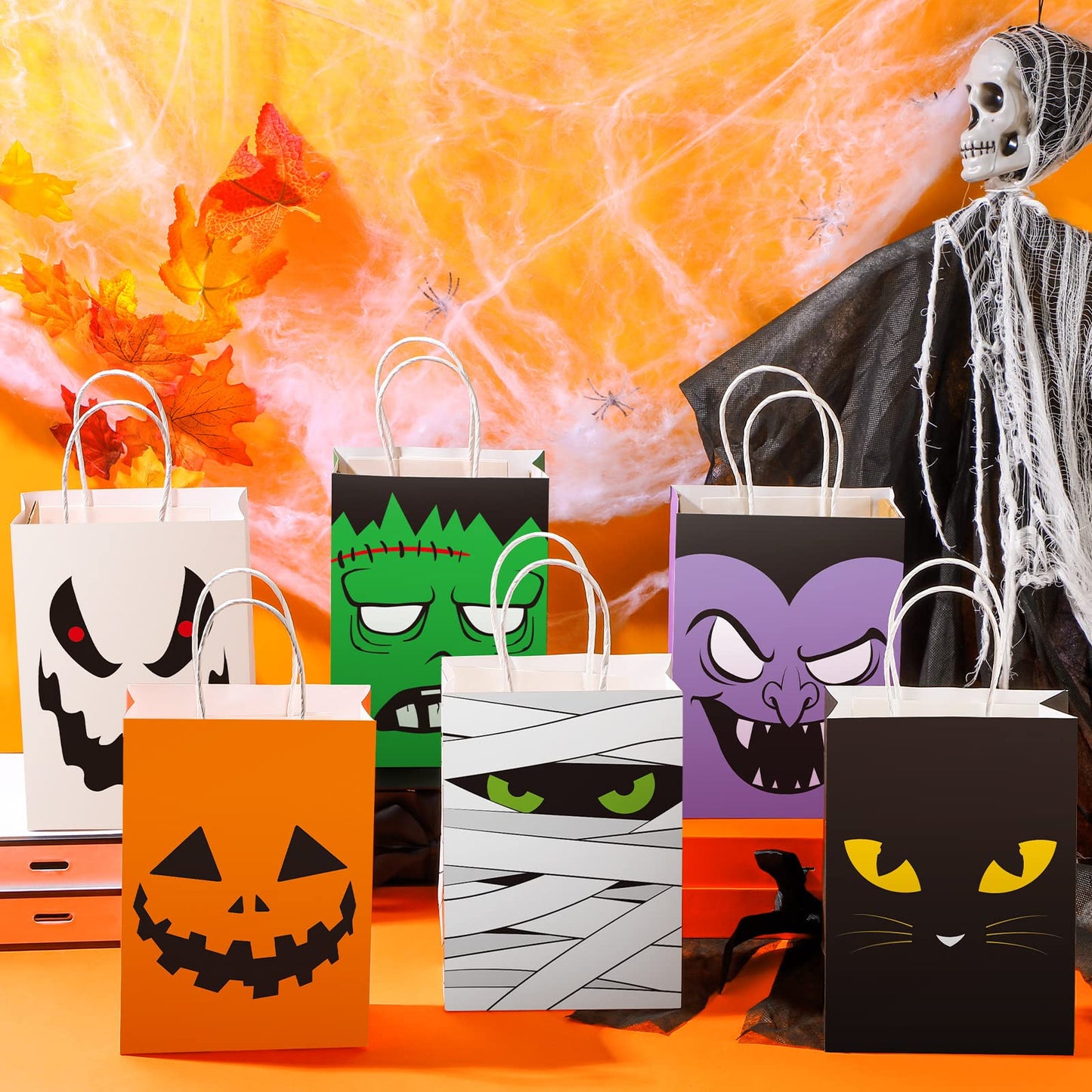 24 Pcs Halloween Treat Bags Halloween Paper Gift Bags with Handles Candy Bags Goodie Bags for Holiday Treats Snacks Kids Halloween Party Favors Supplies (Vivid Style)