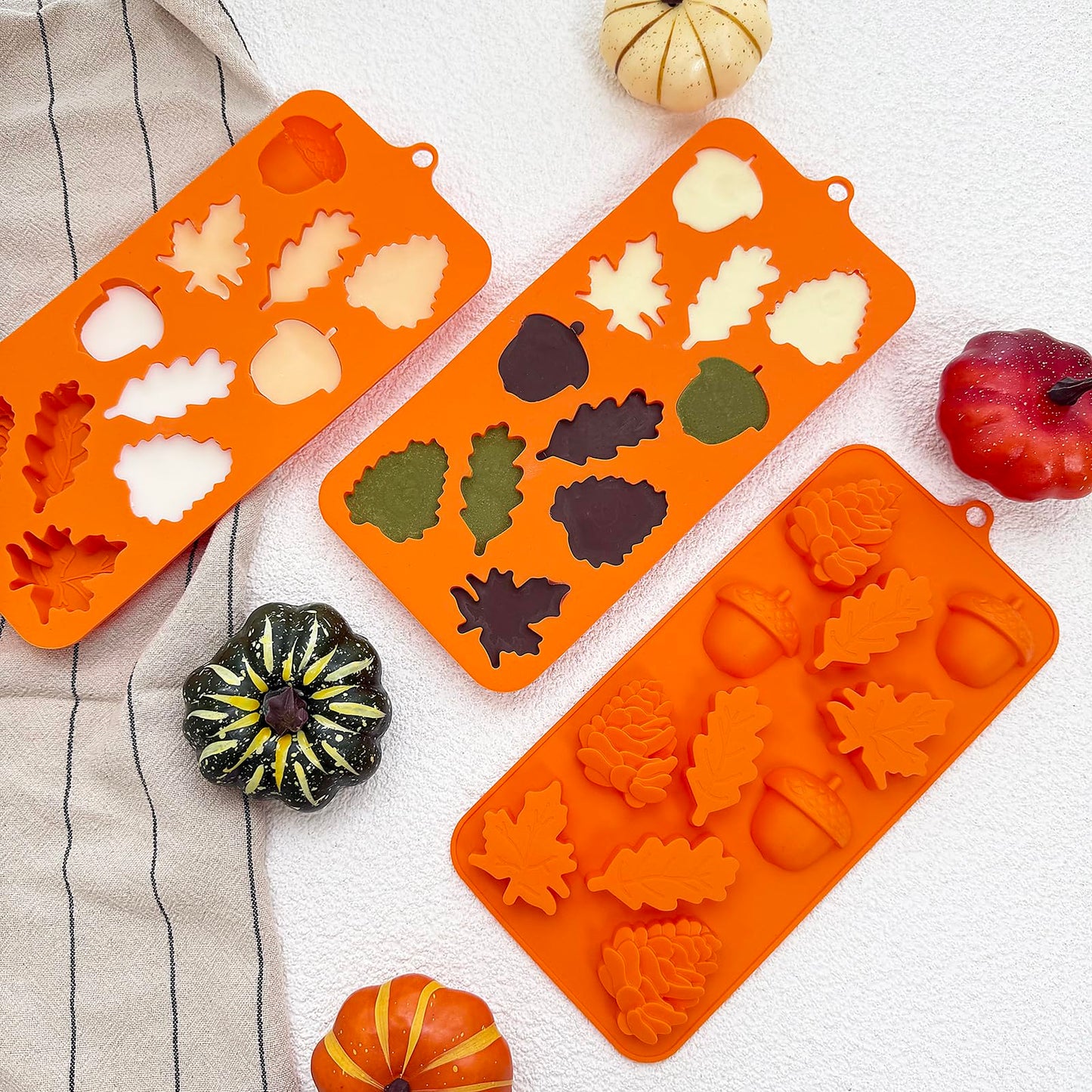 3Pack Fall Chocolate Mold Thanksgiving Silicone Candy Molds Halloween Autumn Harvest Festival Baking Mold Chestnuts, Pine Cones, Maple Leaves Acorn Shape Cake Molds for Cake Cupcake Toppers