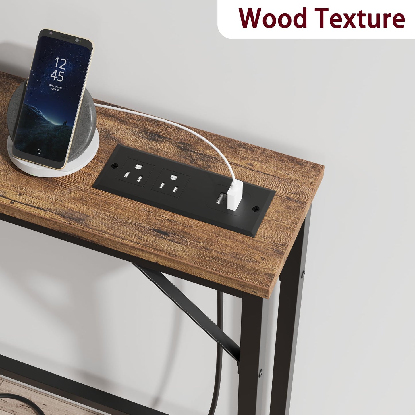 31.4"H Narrow Single-Layer Sofa Back Table with Power Supply, Pure Retro Color - Metal & Particleboard Frame, 2 Power Outlets & 2 USB Ports, Black Sand Powder-Coated Main Frame, Console Sofa Table