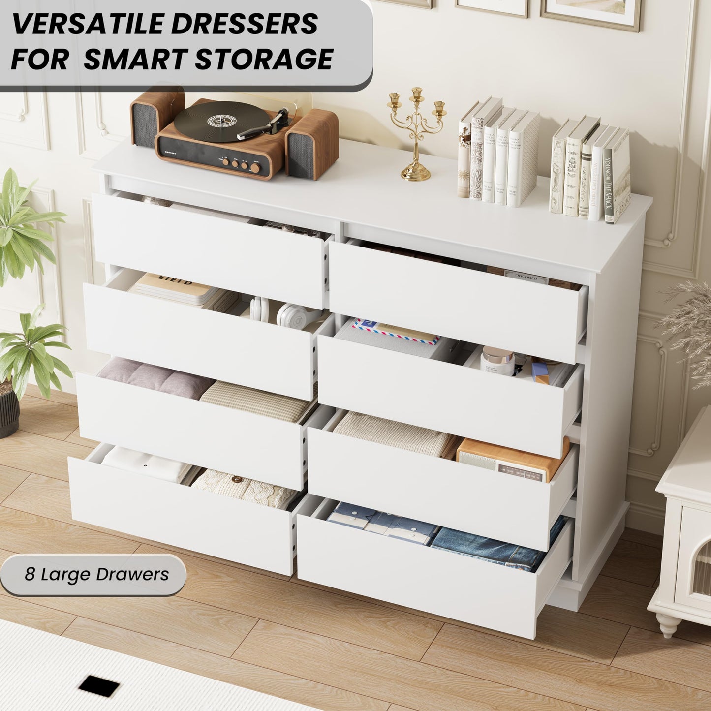 White 8 Drawer Dressers for Bedroom, Chest of Drawers with Deep Drawers, Large Double Dresser for Closet with Wide Top, Horizontal Wooden Dresser for Living Room, Hallway, Kids Room