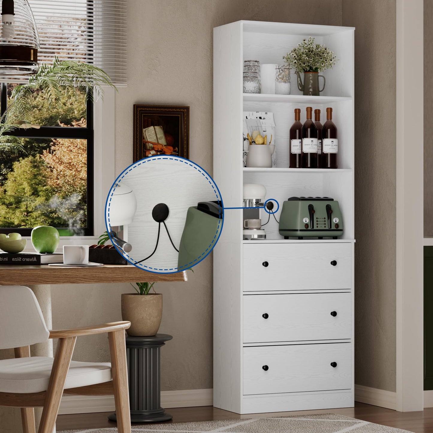 White Bookshelf with Storage, 71" Tall Bookcase with Drawers, Wooden Bookshelf Display Cabinet with 3 Drawers and 3-Tier Shelves, Home Decor Furniture for Living Room, Bedroom, Kitchen, Home Office