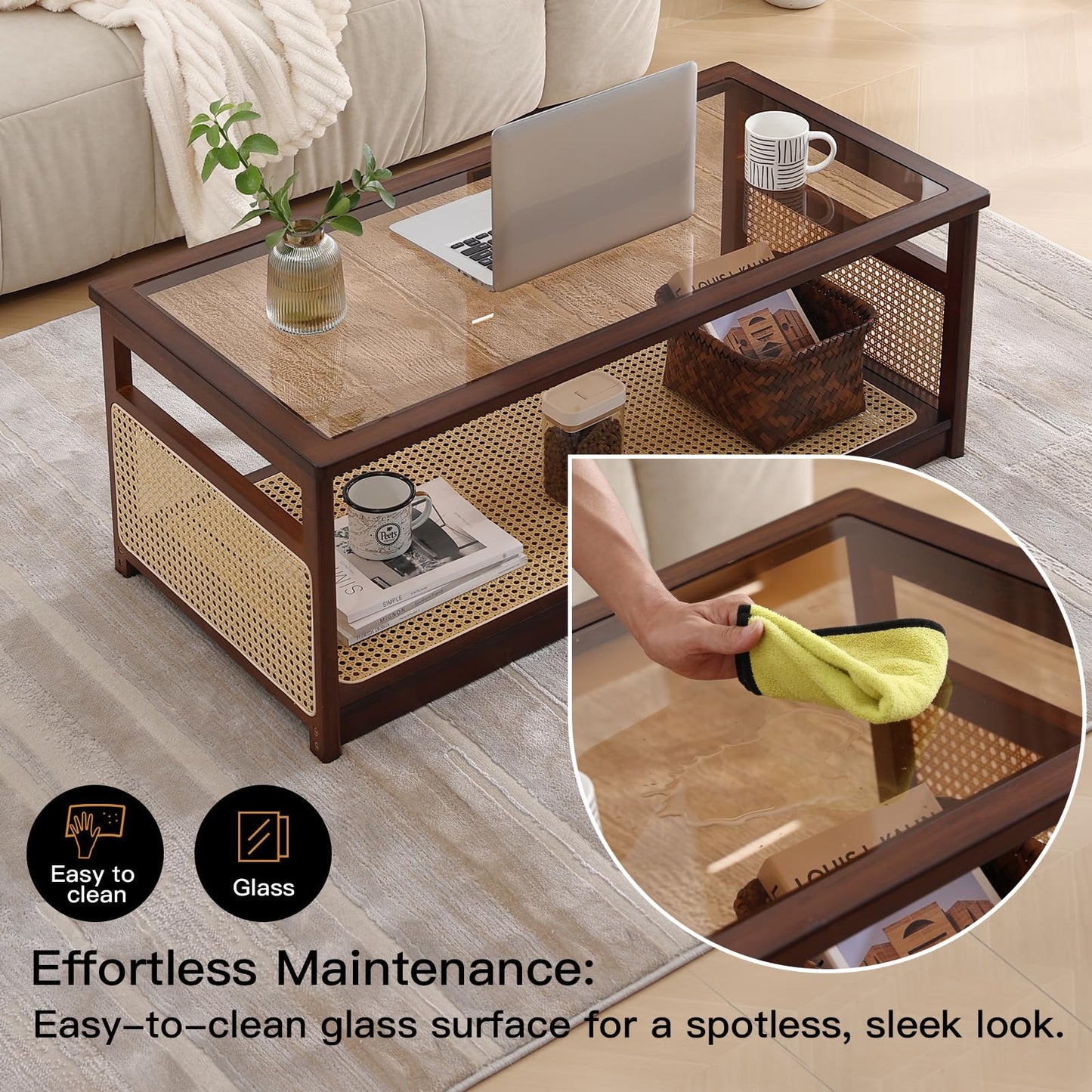 Welnow Rattan Coffee Tables for Living Room, Modern 2-Tier Coffee Table, Mid Century Rectangle Coffee Table with Storage Shelf & Glass Top, Large Boho Center Table for Apartment, Walnut