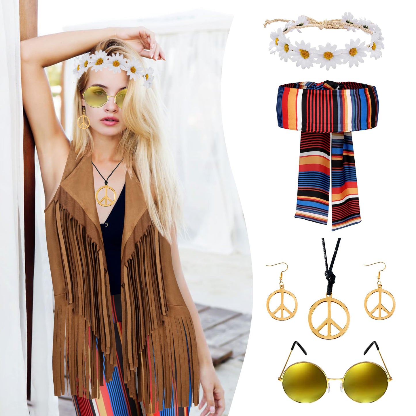 60s 70s Outfit for Women Hippie Costume 8pcs Fringe Vest Flared Pants Costume Peace Sign Necklace Earrings