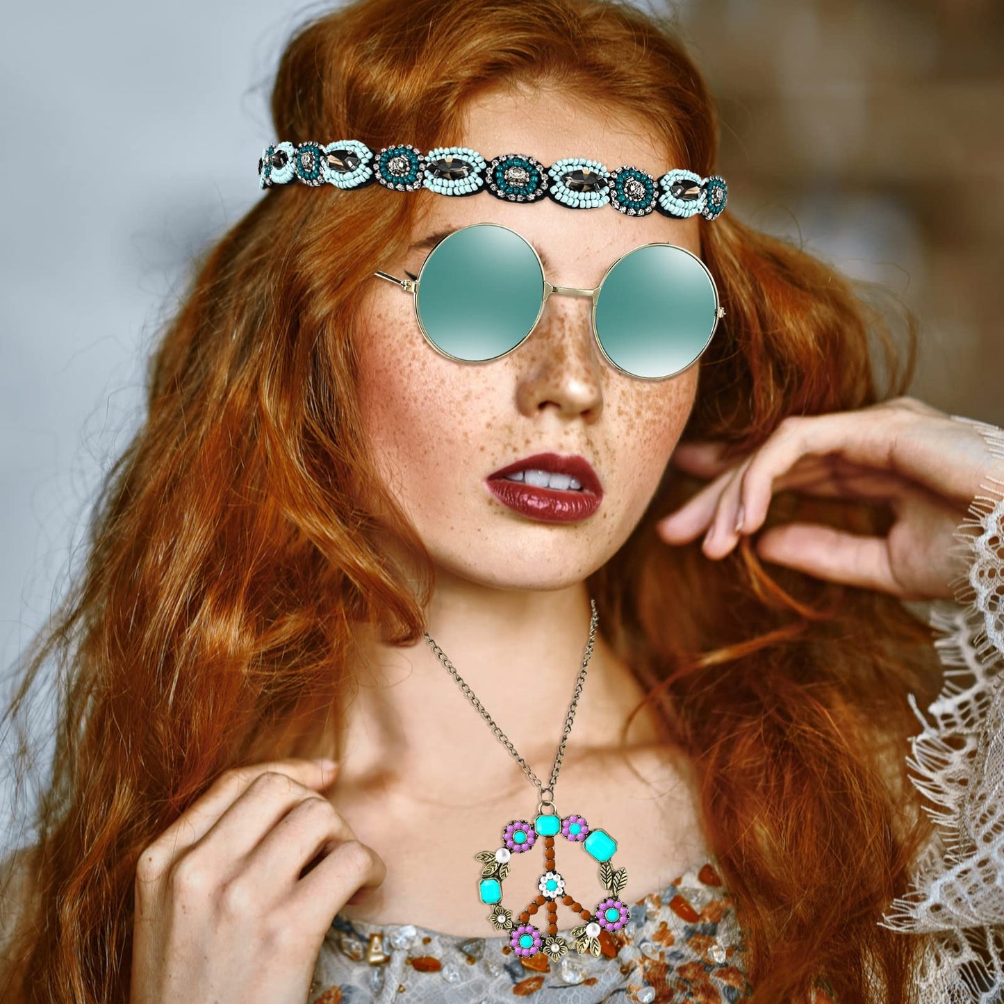 WILLBOND 60s 70s Accessories for Women Hippie Costume Accessories Peace Sign Necklace Headband Hair Wreath Sunglasses (Elegant Style)