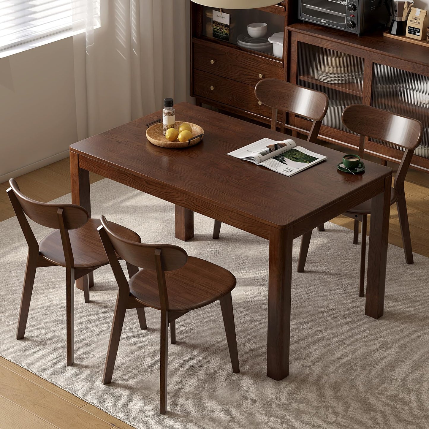 100% Solid Wood Dining Chairs Set of 4, Mid Century Modern Dining Chairs with Curved Backrest, Wooden Desk Chair with Solid Rubber Wood Frame for Kitchen, Dining Room, Study, Living Room, Walnut (4PK)