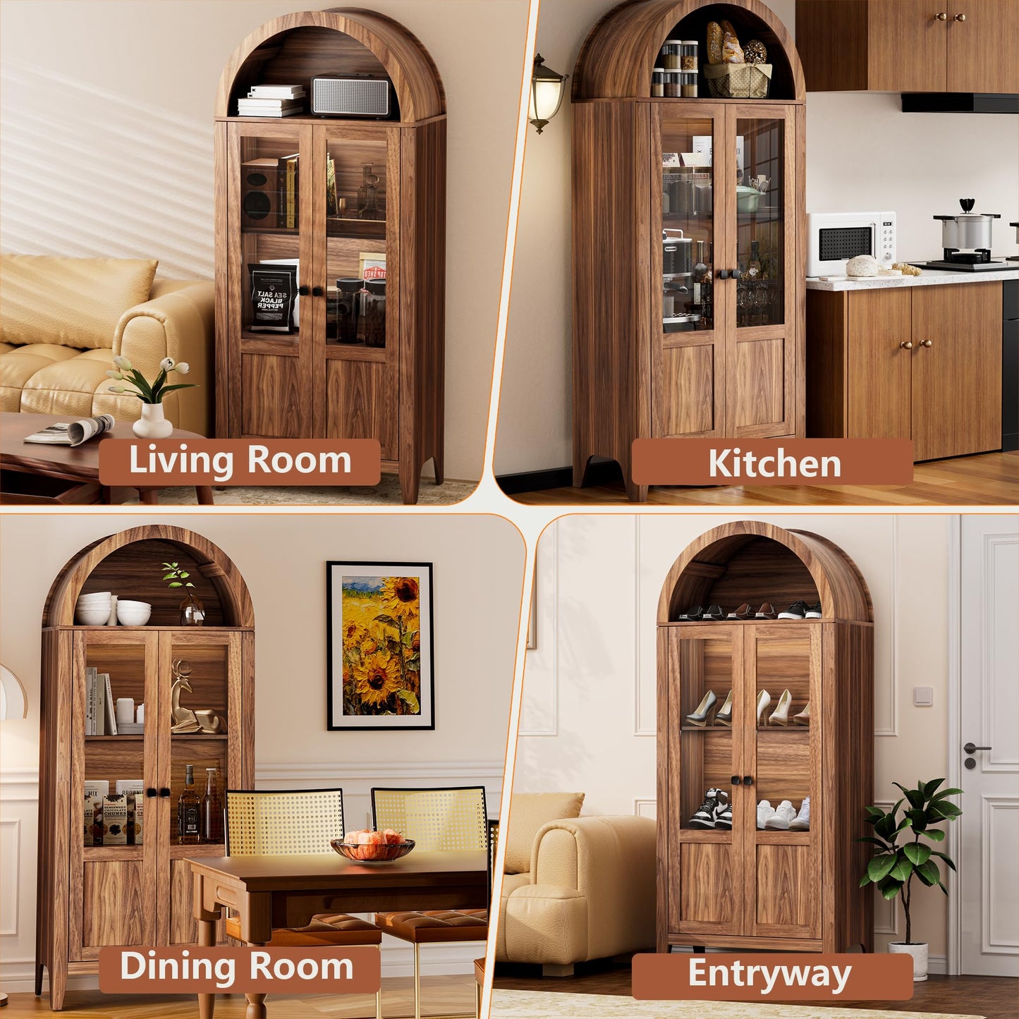 71" Tall Arched Kitchen Pantry Cabinet, Arched Cabinet with Glass Doors, Wooden Bookshelf, Versatile Cupboard for Kitchen, Living Room, Dining Room, Entryway