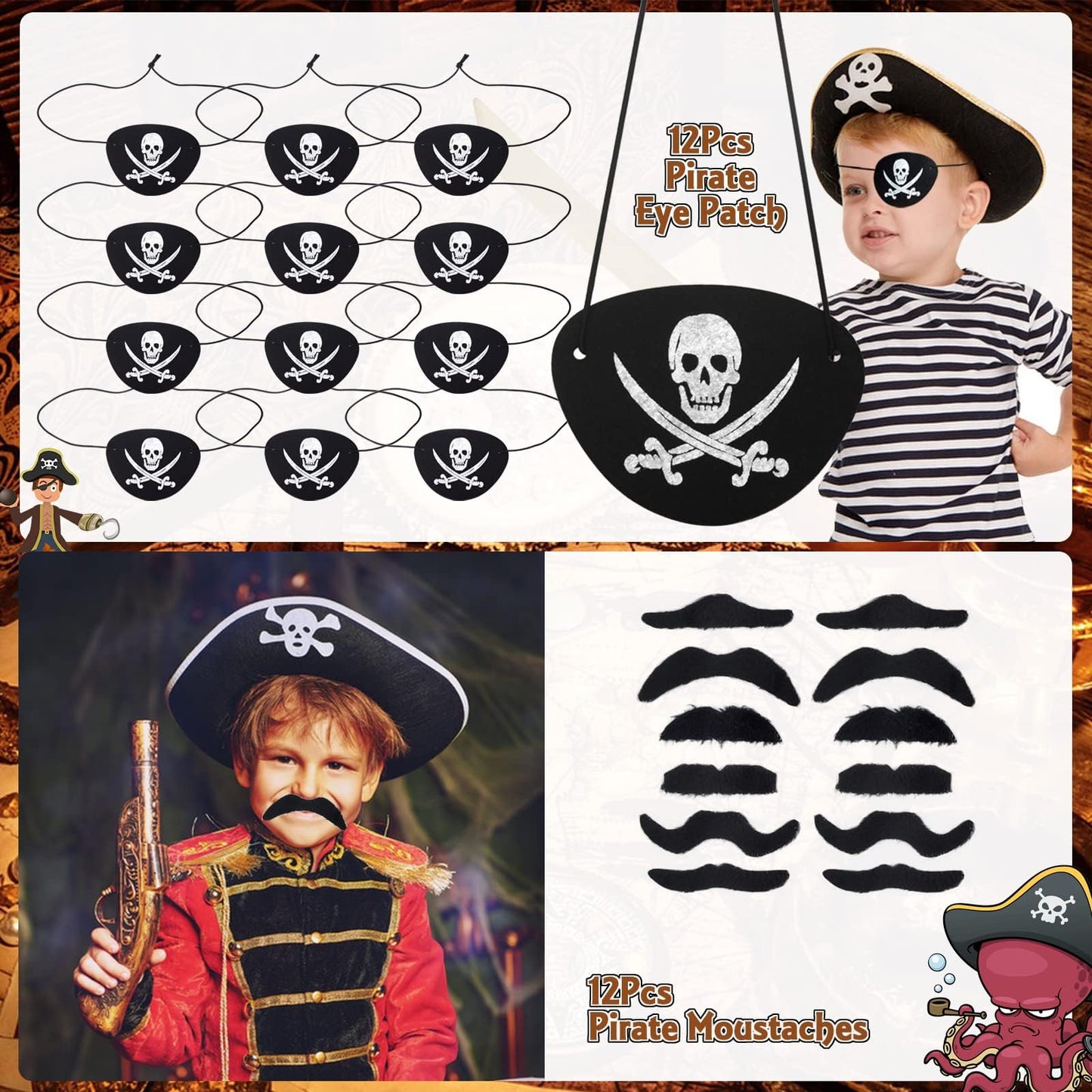 168Pcs Pirate Party Favors Supplies, Pirate Birthday Party Decorations, Pirate Gift Bags with Pirate Eye Patch Mustache Gold Coins Gems Tattoos for Kids Boys Pirate Birthday Party Goodie Bag Fillers