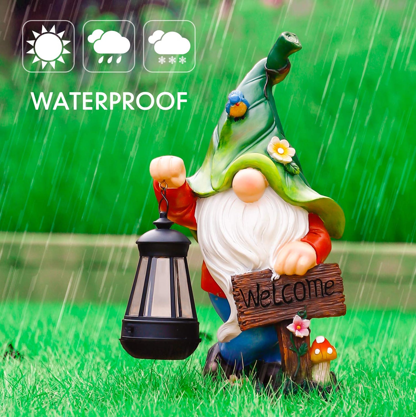 WOGOON Garden Gnome Statue, Resin Figurine with Bright Solar Lantern Lights and Welcome Sign, Outdoor Solar-Powered Illumination Yard Art Decorations for Indoor Outdoor Patio Lawn Garden Room