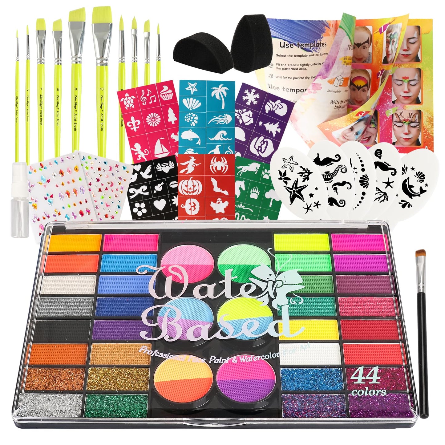 44 Color Face Painting Kit for Kids - Non Toxic Water Activated Face Paint Palette with Stencils, Brushes, Gems & Glitter. Halloween, Carnival, Party; Costume Makeup for Creative Activities