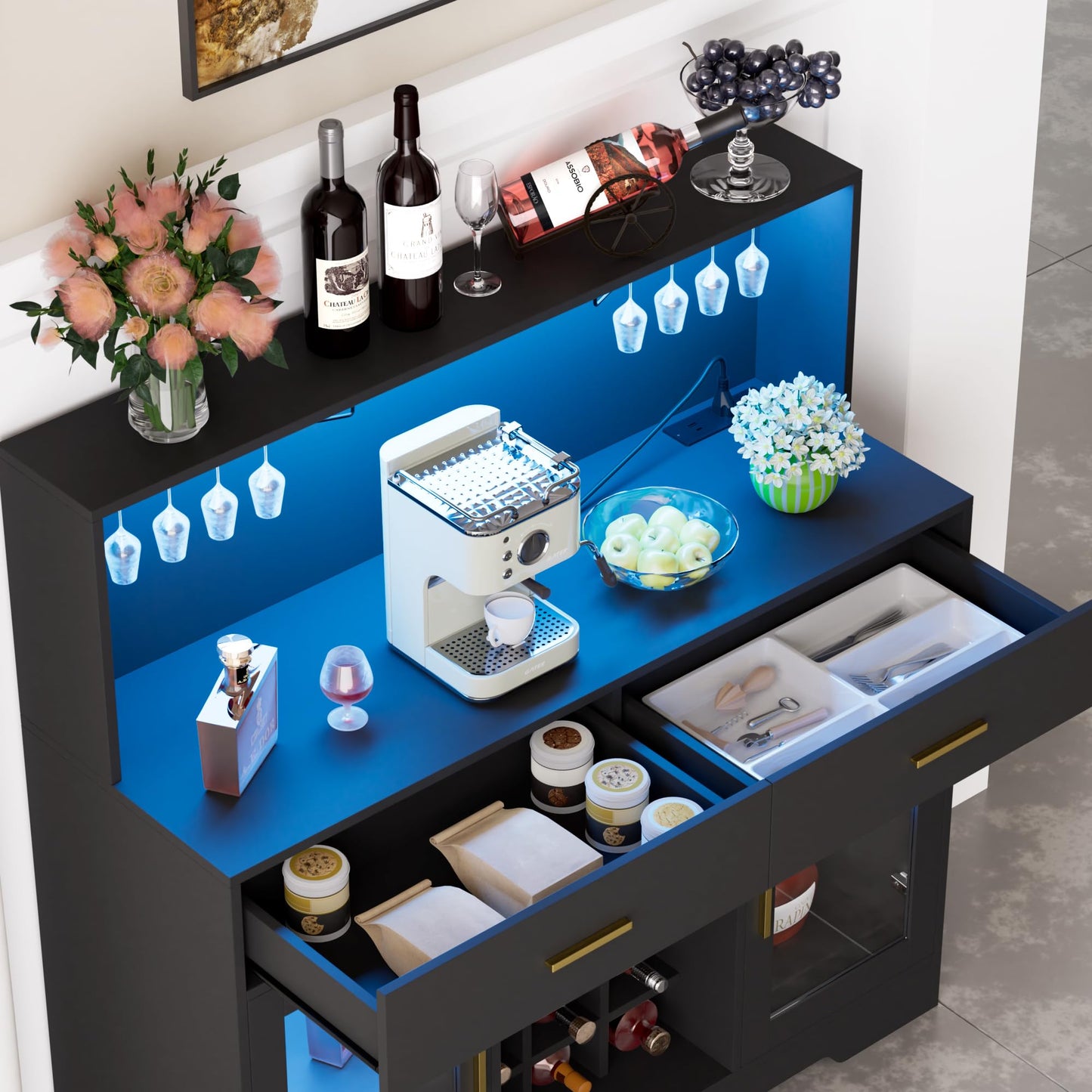 Wine Bar Cabinet with LED Light, Kitchen Coffee Bar Cabinet with Power Outlet, Home Liquor Cabinets with Glass Holder and Wine Racks, Modern Buffet Sideboard with Storage for Living Room, Kitchen