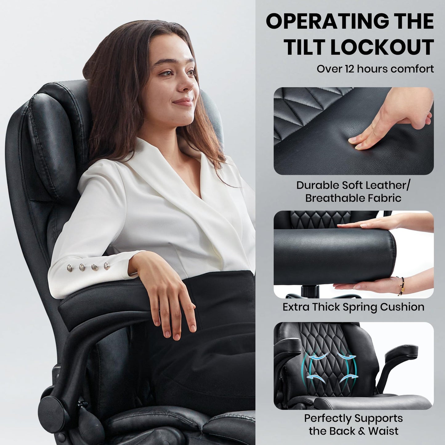 500lbs Big and Tall Office Chair Adjustable Lumbar Support for Back Pain, Extra Wide Seat Executive Ergonomic Comfy Computer Desk Office Chair Thick Armrest Pad, Heavy Duty Base&Upgraded Wheels