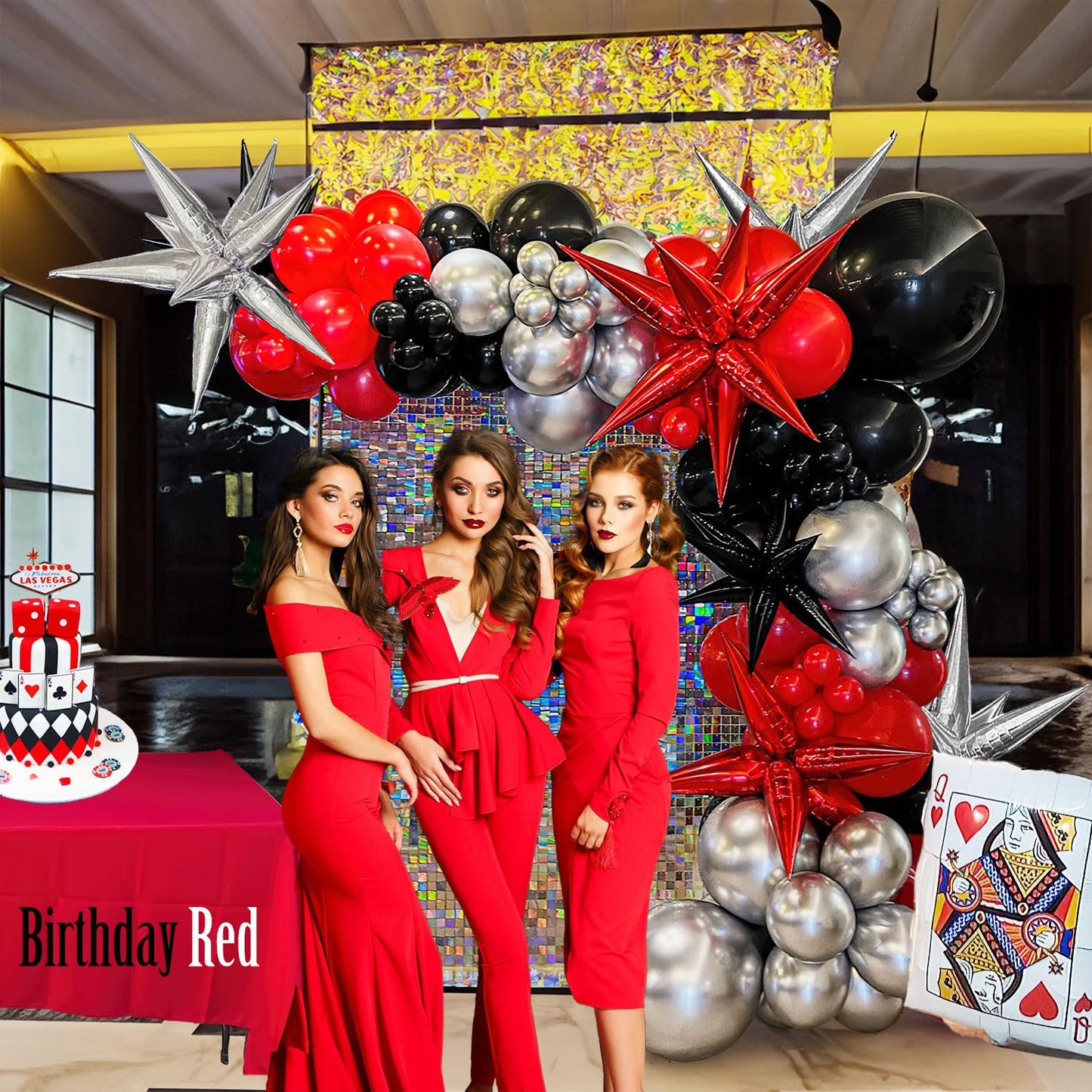 yeewaka black and red silver balloon garland arch kit 150pcs with Starburst Balloons for wedding Casino movie night theme birthday graduations prom 2025 grad Party decorations