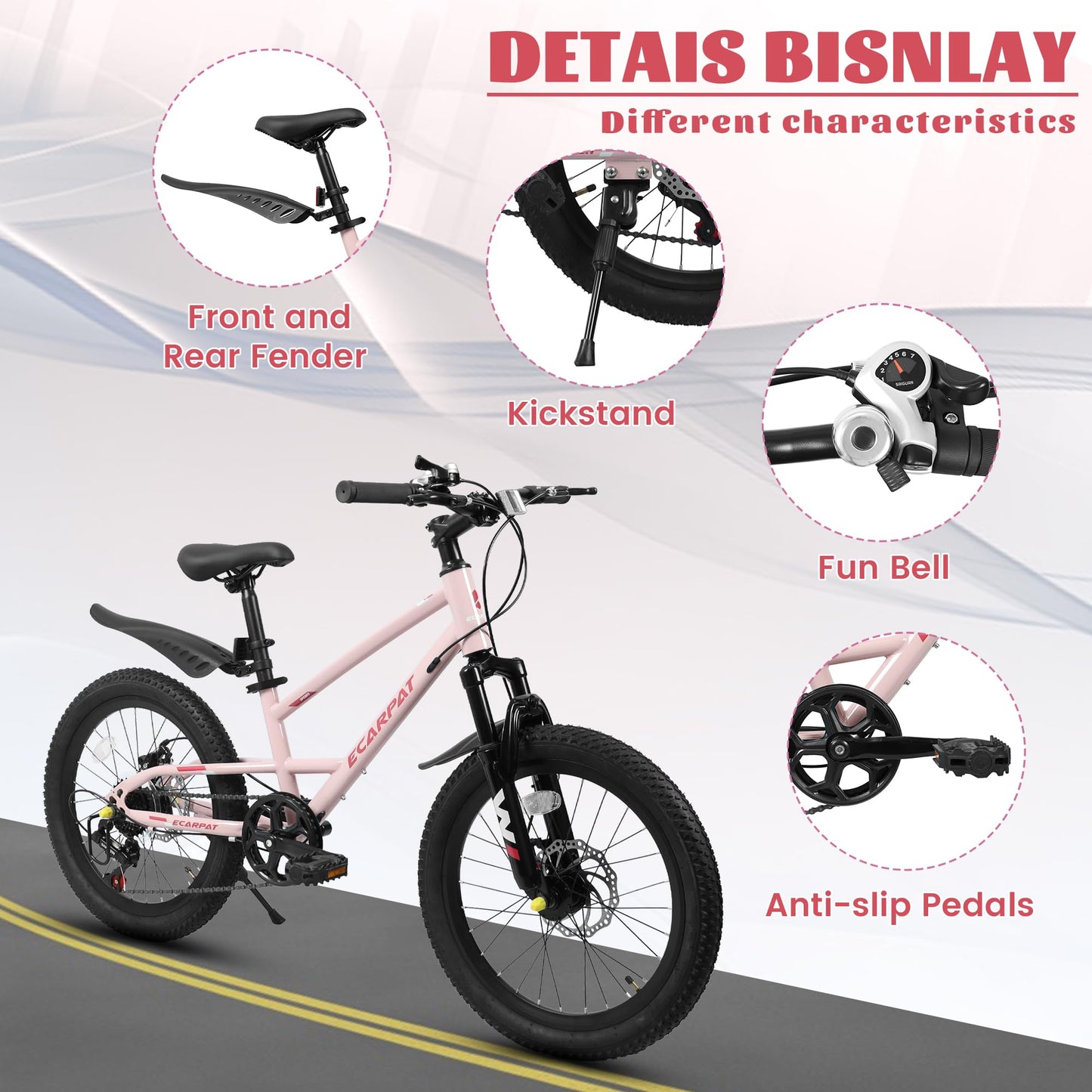 20 Inch Kids Mountain Bike for Boys Girls, 7-Speed Children Mountain Bike with Front Suspension, Dual Disc Brakes and Fender, Steel Frame Kids Bicycle for Ages 6-12 Years Old Birthday Gift, Pink