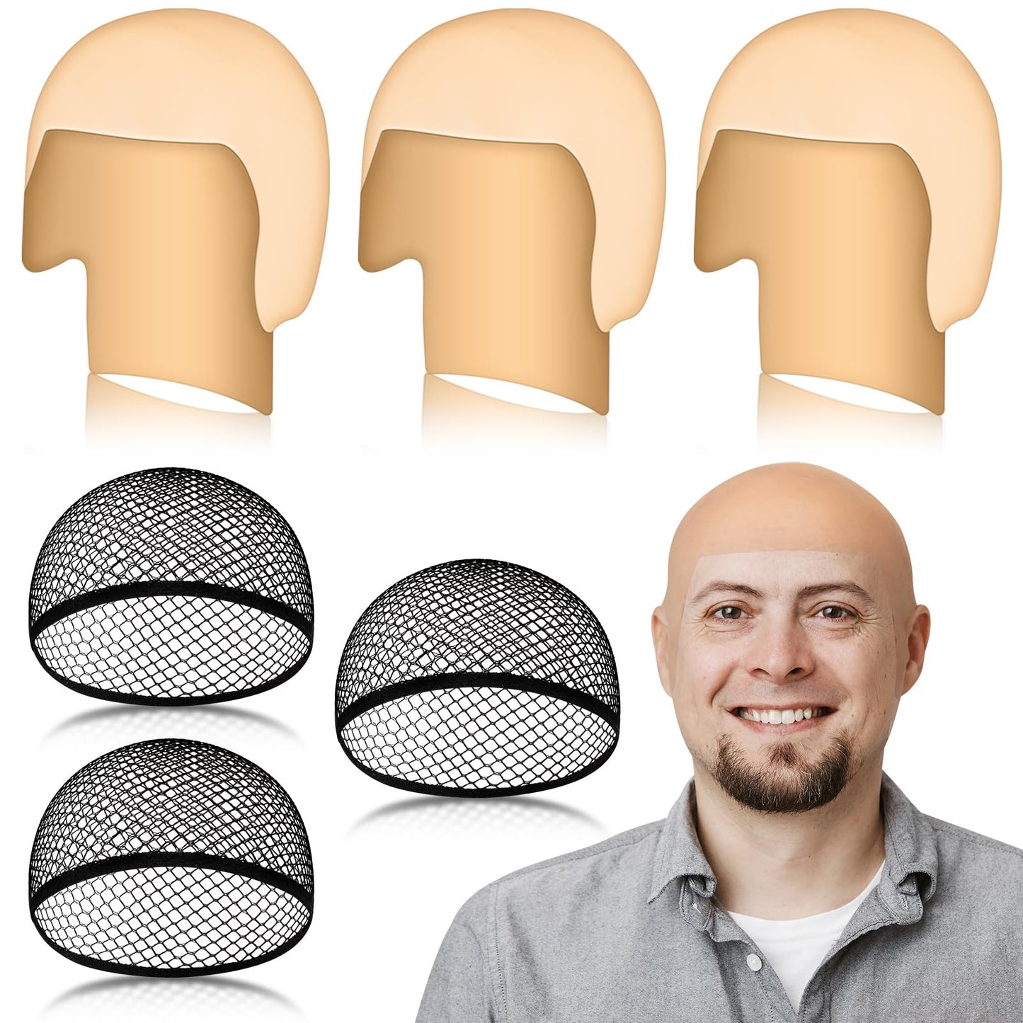 Wavwavw 6 Pcs Bald Caps for Men Women Makeup Latex Bald Head Wig Cap Balds Hat Cosplay Makeup Halloween Costume Accessories(Beige,Medium,Novel)