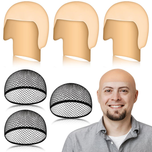 Wavwavw 6 Pcs Bald Caps for Men Women Makeup Latex Bald Head Wig Cap Balds Hat Cosplay Makeup Halloween Costume Accessories(Beige,Medium,Novel)