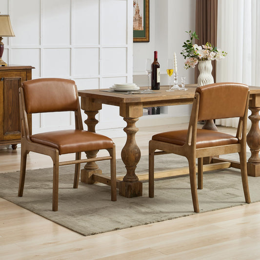 Wahson Mid Century Armless Dining Chairs Set of 2, Country Farmhouse Kitchen With Natural Hardwood Legs, Faux Leather Upholstered Accent Chairs for Dining Room, Brown