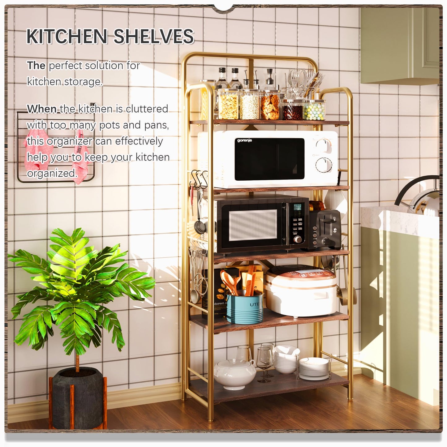 4NM No Assembly Folding Bookshelf 5 Tiers Vintage Industrial Gold Book Shelf Metal Foldable Storage Bookcase and Bookshelves for Living Room,Bedroom and Kitchen - Brown