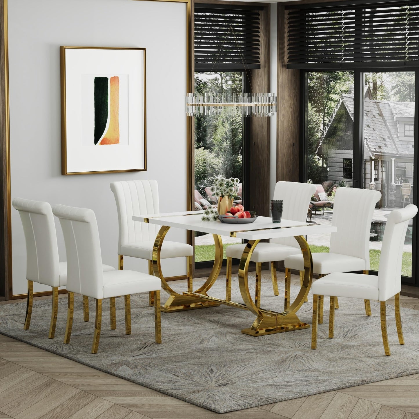 ACEDÉCOR 60" White and Gold Dining Table, Modern Luxury Kitchen Room Table with Rectangular Gloss Lacquer Top and Gold Stainless Steel U-Shaped Base