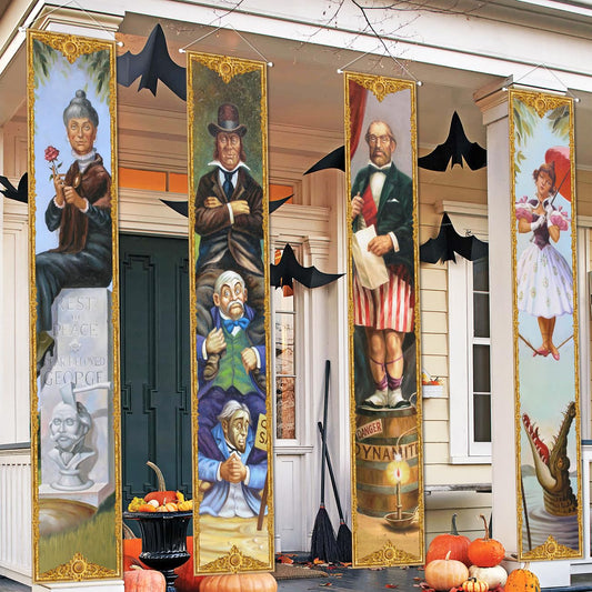4pcs Haunted Mansion Stretching Portraits Outdoor Halloween Decoration, Haunted Mansion Porch Sign Banner Halloween Vintage Banner for Home Wall Hanging Decor