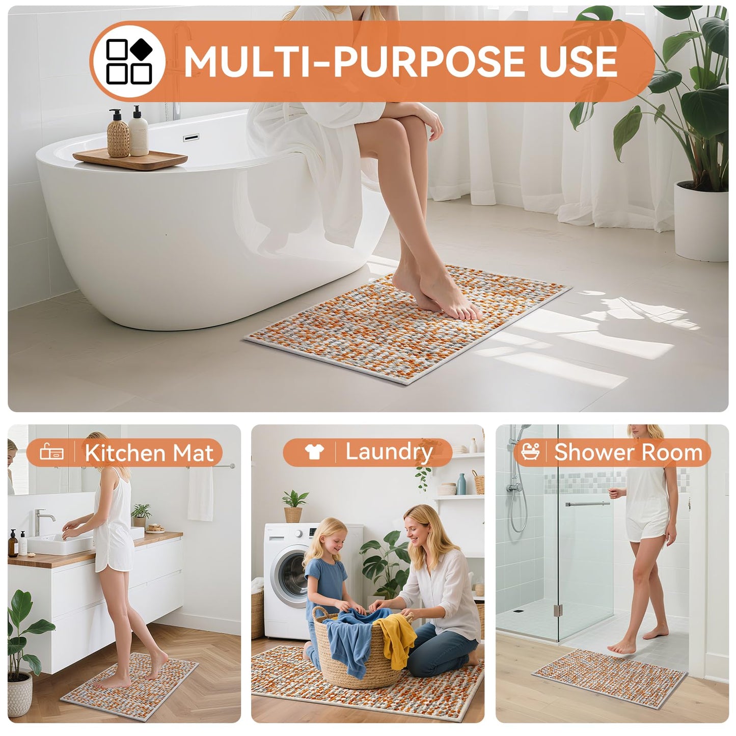 YDKGL Bathroom Rugs Non Slip Washable Bath Rugs Super Absorbent Chenille Bath mats for Bathroom Thin Bath Mats for Bathroom Mat Quick Dry Bath Mat Low Pile Bath Rug,Orange 20x32