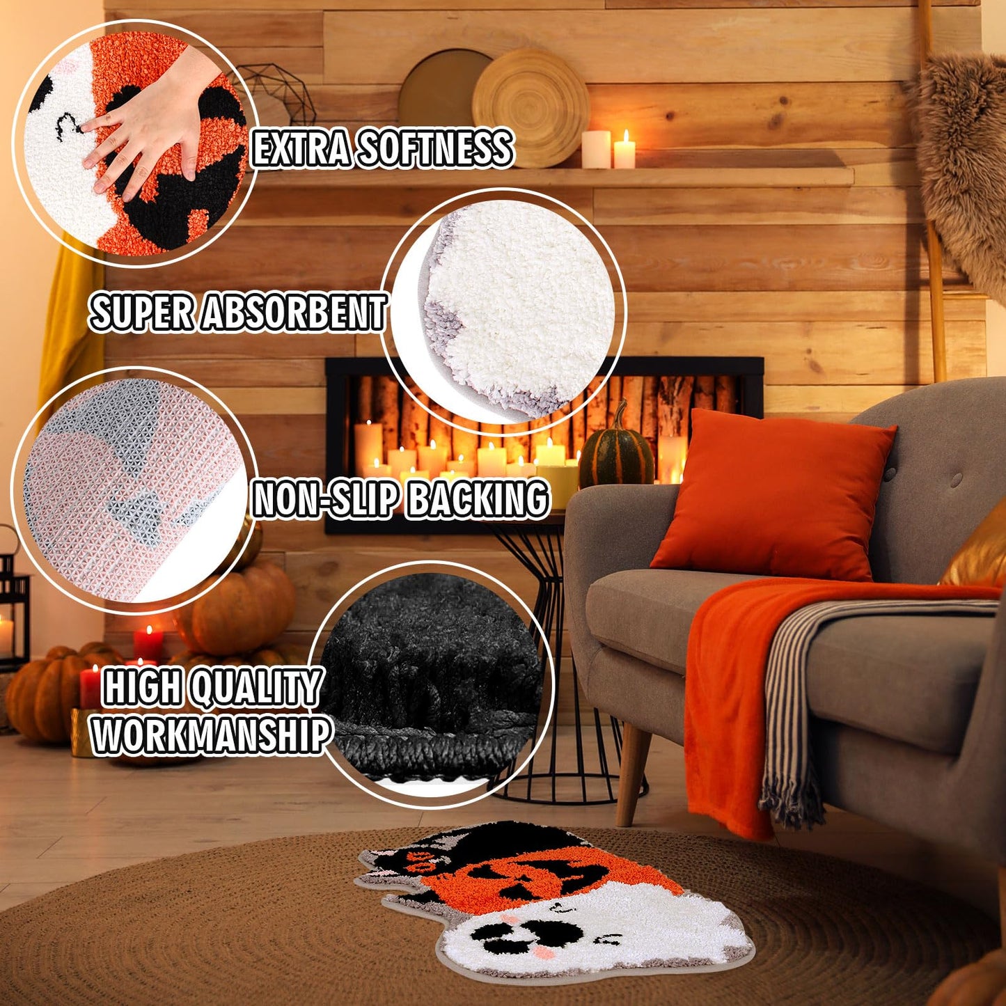 Waline Halloween Bath Rug - Pumpkin Ghost Black Cat Pattern Non Slip Shower Rugs Foot Mat for Home Kitchen Bedroom Bathroom Living Room Decor