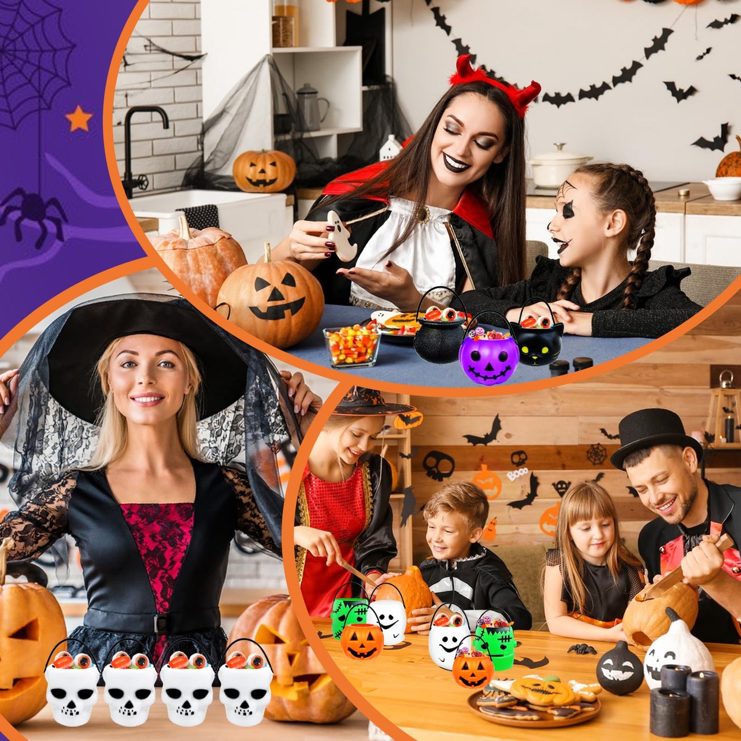 14 PCS Mini Halloween Candy Holder,Portable Pumpkin Ghost Cauldron Bucket with Candy Bags Black Wire Ties Halloween Party Supplies for Kids,Trick or Treat