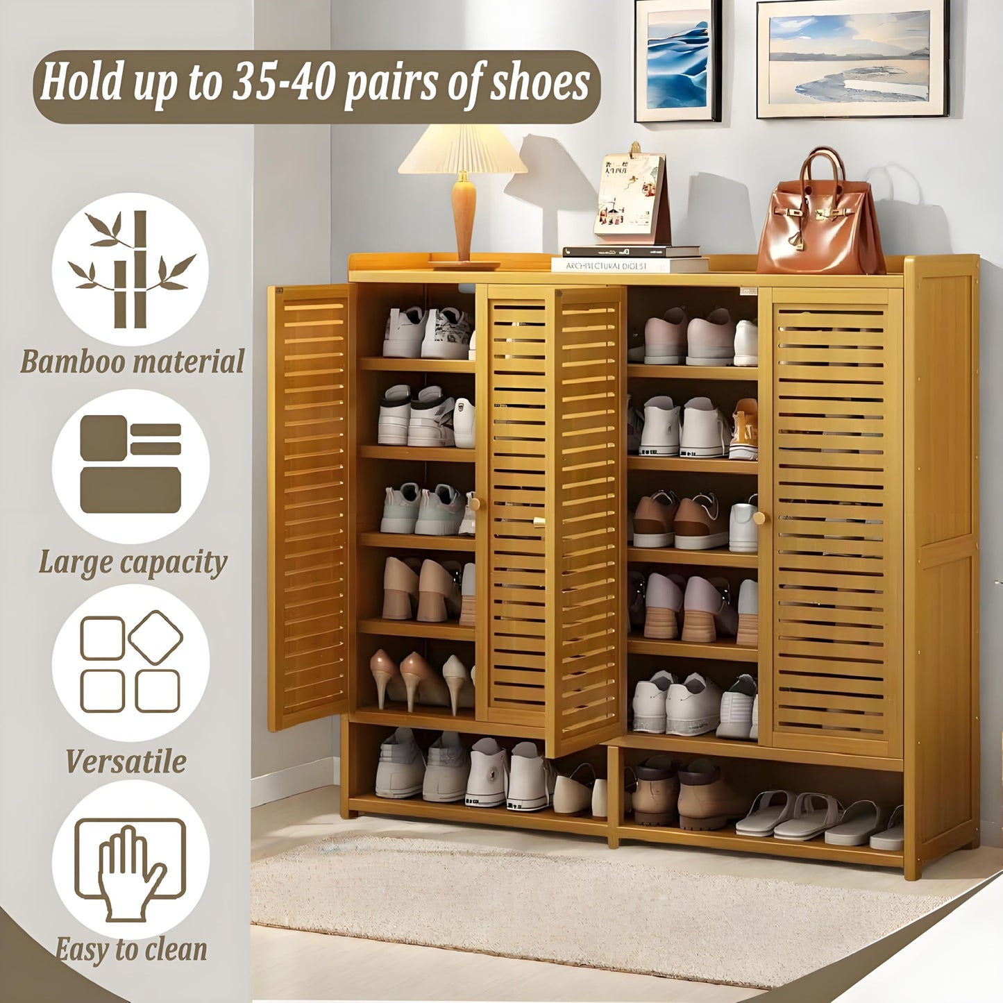 WMIASIN 7-Tier Shoe Rack Cabinet, Bamboo Shoe Cabinet with Doors, 36-40 Pairs Freestanding Shoes Cabinet Organizer，Large Shoe Cabinet for Entryway, Hallway, Living Room