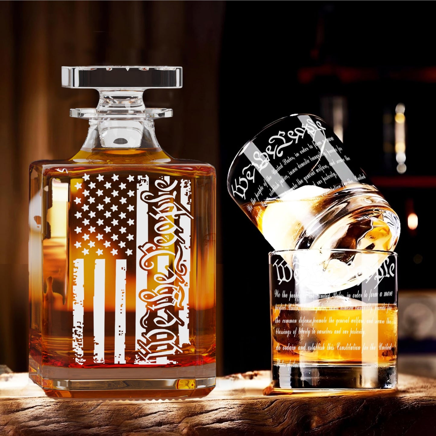Whiskey Decanter Engraved We The People American Flag Decanter Set with 2 Glasses for Liquor Scotch Bourbon or Wine, Father's Day Patriotic Gift