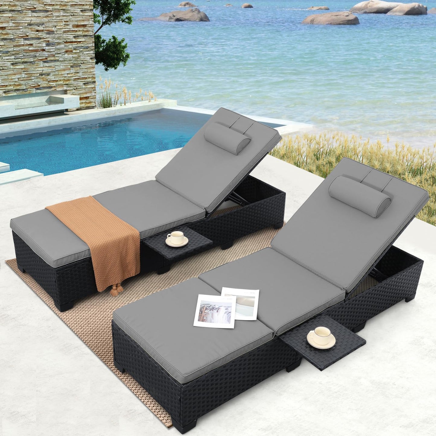 WAROOM Outdoor Chaise Lounge Chairs for Outside Patio Furniture Set of 2 Wicker Recliner Black Rattan Reclining Pool Sunbathing Chair Adjustable Backrest Lounger with Grey Cushion