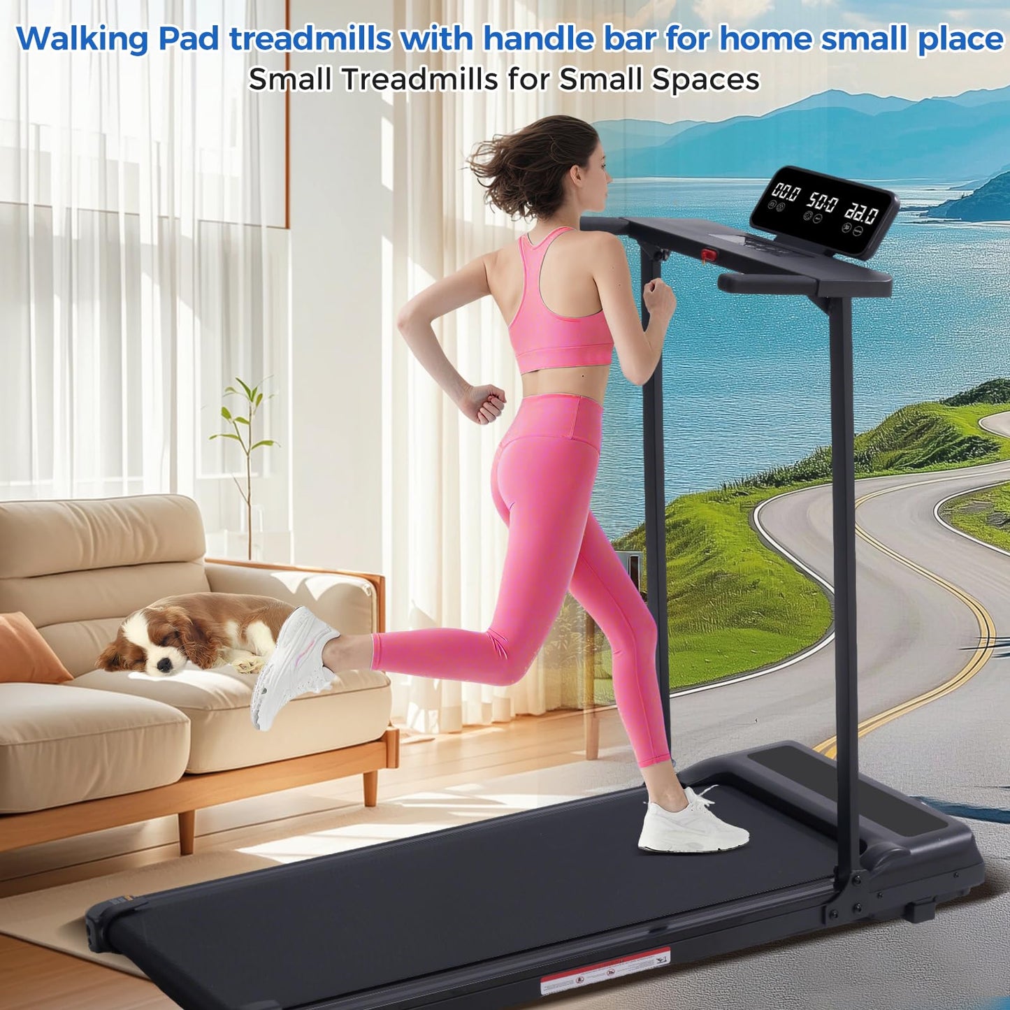 Walking Pad Treadmill with Handle Bar, Compact Portable Treadmills for Home Small, Electric Walking Pads with Handles, 3.5HP Quiet Motor and LED Display, 400 LBS Capacity