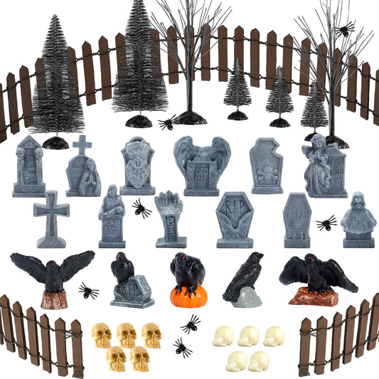 65 Pcs Halloween Village Accessories Set Miniature Tombstone Crow Figurines Mini Plastic Skulls Spiders Fence Bare Branch Trees Halloween Town Set for Mini Graveyard Scene Decor