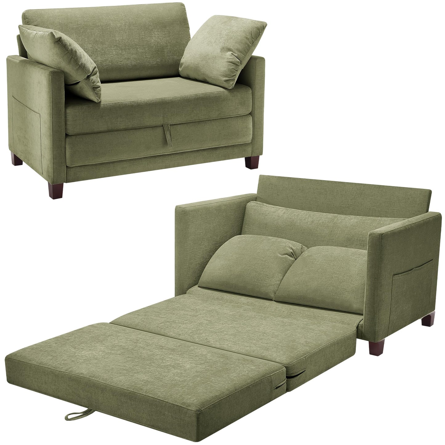 51" Convertible Loveseat Sofa Bed, 2 in1 Folding Sofa Bed, Loveseat Sleeper Sofa for Small Spaces, Fold Out Floor Couch with 2 Pillows for Apartment, Living Room & Guest Room, Green Chenille Fabric