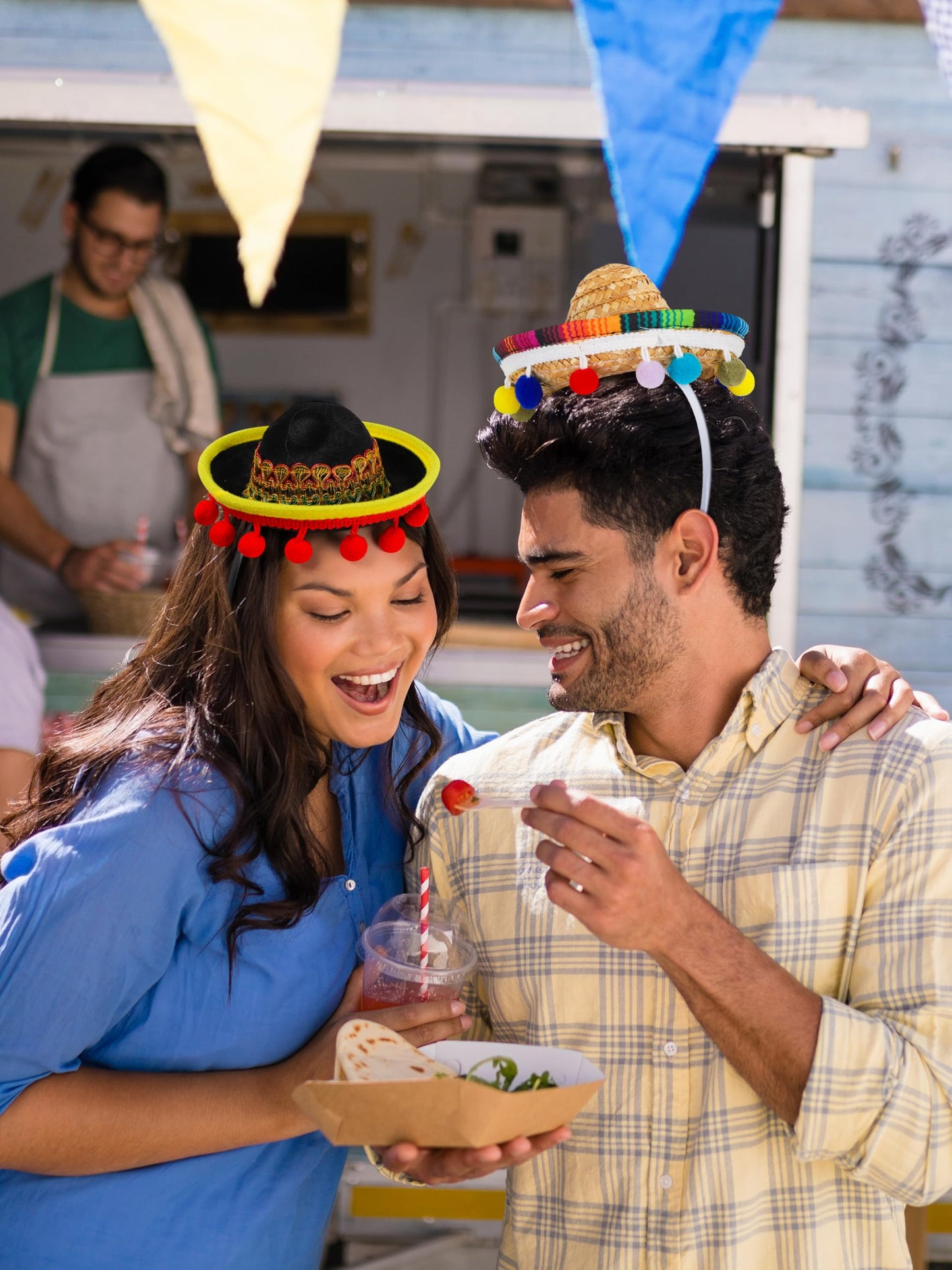 3 PCS Cinco De Mayo Sombreros with Headbands - Fabric and Straw Fiesta Hats, 3 Styles for Mexican Carnivals and Festivals