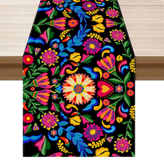 XCHI Colorful Flowers Peppers Dia De Los Muertos Table Runner Cinco De Mayo Day of The Dead Table Decoration for Home Kitchen Dining Holiday Fiesta Themed Party Decor 13x72 Inch
