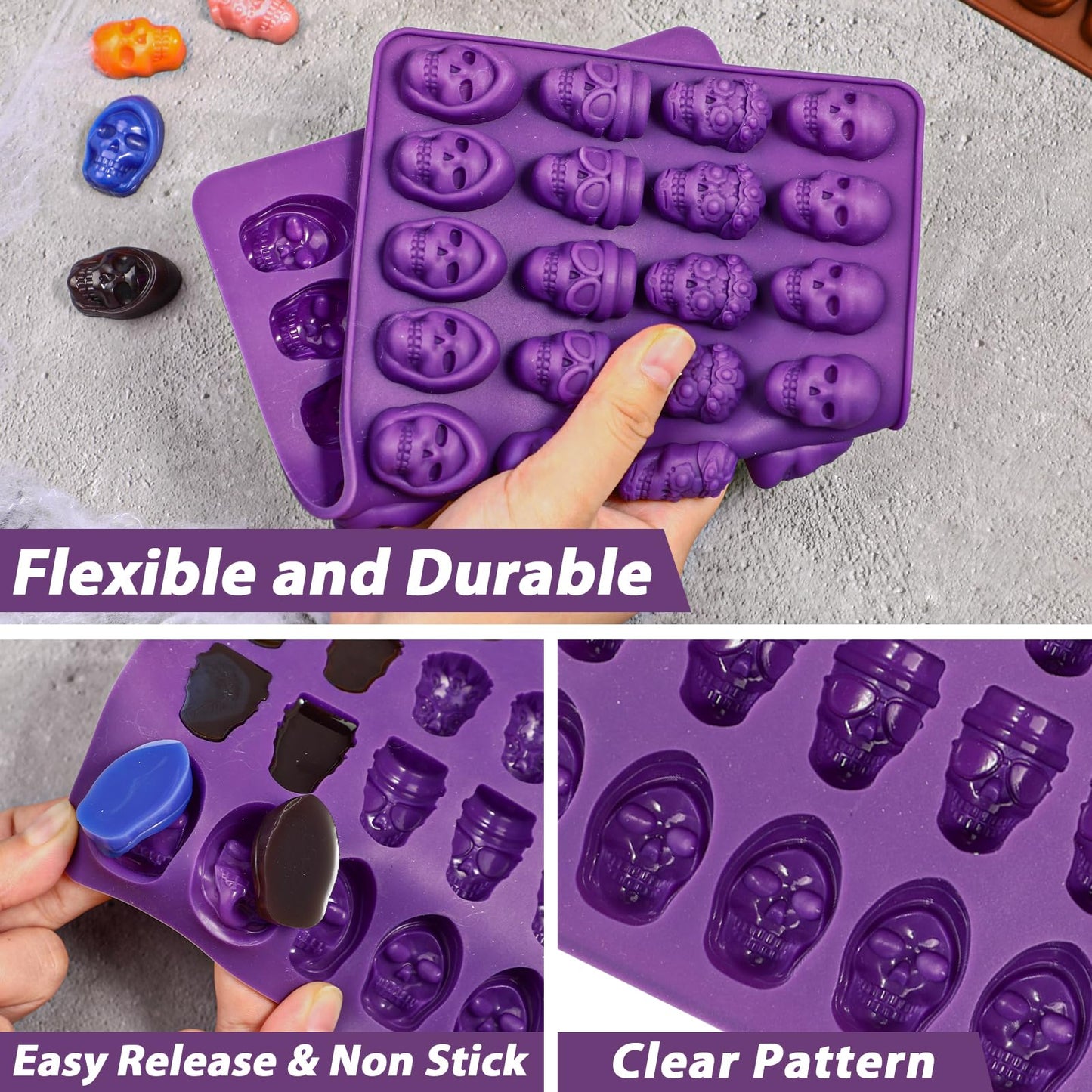 Webake Mini Skull Candy Mold with 4 Different Shapes, 36-Cavity Halloween Skull Silicone Chocolate Candy Mold for Gummy, Chocolate, Candy, Jello, Cupcake Decoration（2PCS）