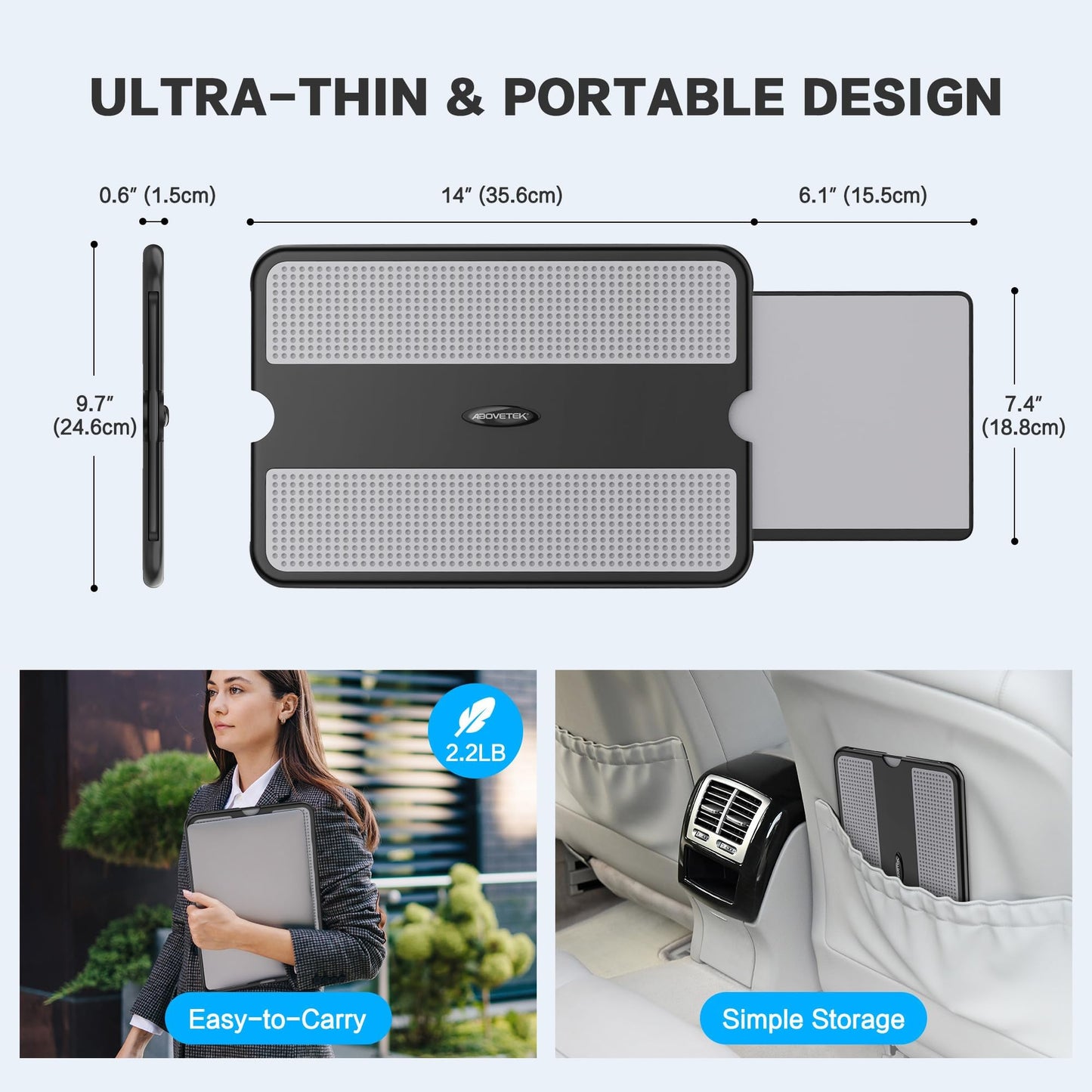 AboveTEK Portable Laptop Lap Desk w/Retractable Left/Right Mouse Pad Tray, Non-Slip Heat Shield Tablet Notebook Computer Stand Table w/Sturdy Stable Work Surface for Bed Sofa Couch or Travel