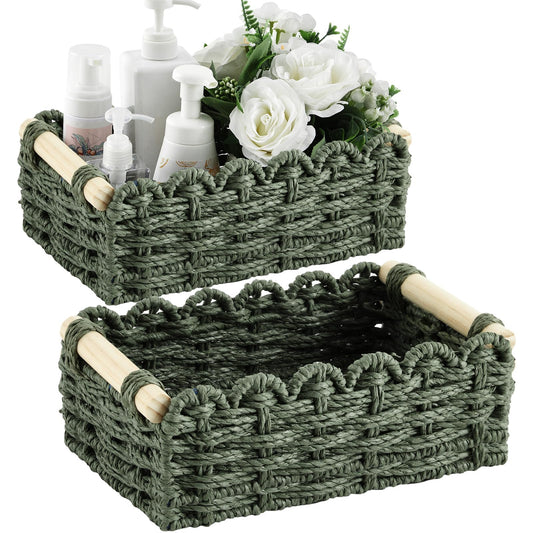 Wonderjune 2 Pcs Scalloped Green Paper Rope Basket for Toilet Bin Organizing Storage Wicker Cozy Decor Baskets 2 Size Paper Basket with Wood Handle for Home Toilet Tank Top Shelve Countertop Rectangle