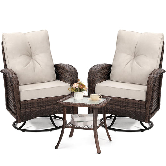 wildformers 2 Luxury Outdoor Swivel Wicker Glider Patio Chairs with Table Set, Overstuffed Washable Cushions, Ideal for Porch, Balcony, Deck, Brown Rattan and Beige Cushions