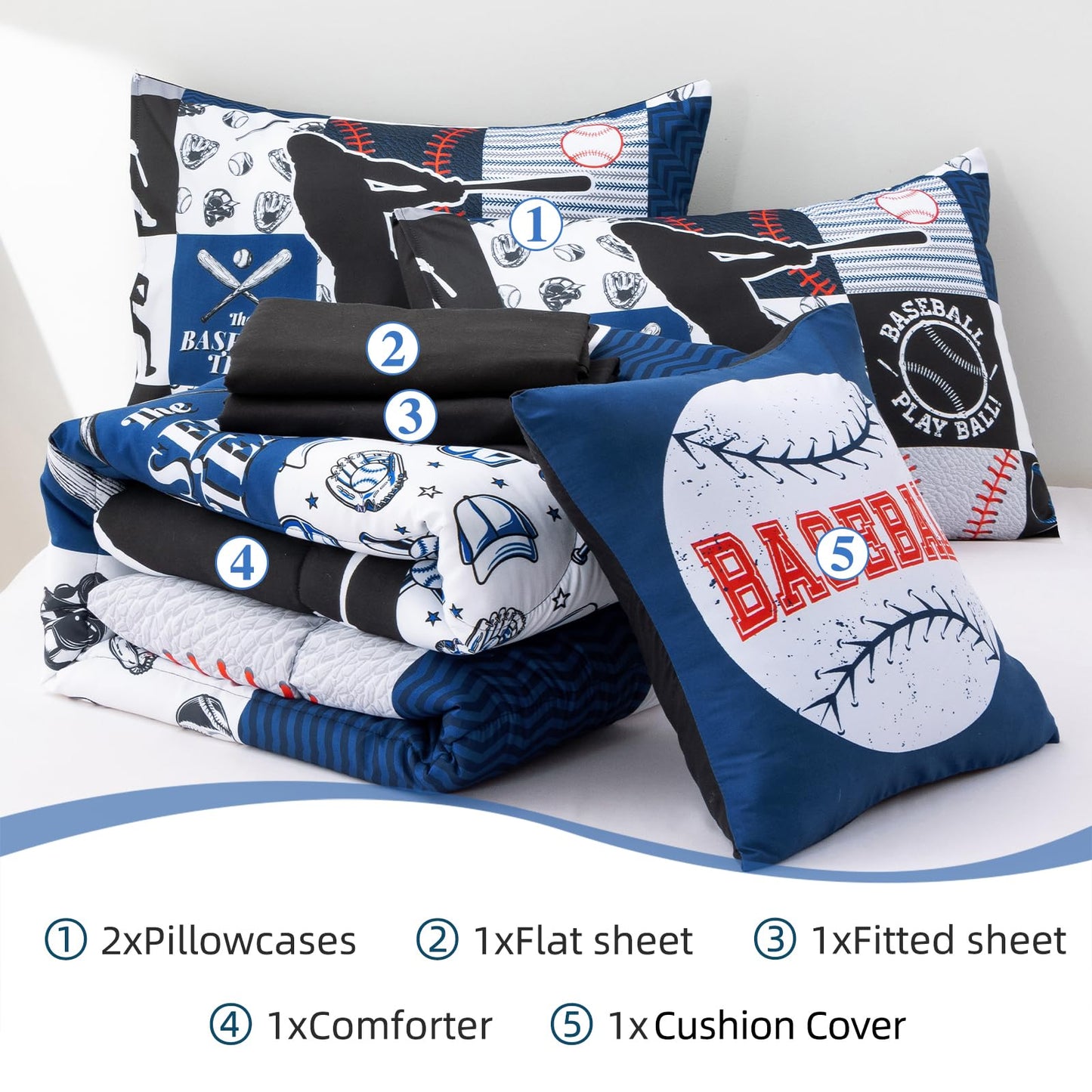 A Nice Night Sports Geometric Grid Black Patchwork Baseball Printed for Boys Twin 6Pcs Bed in A Bag Comforter Bedding Set,Blue