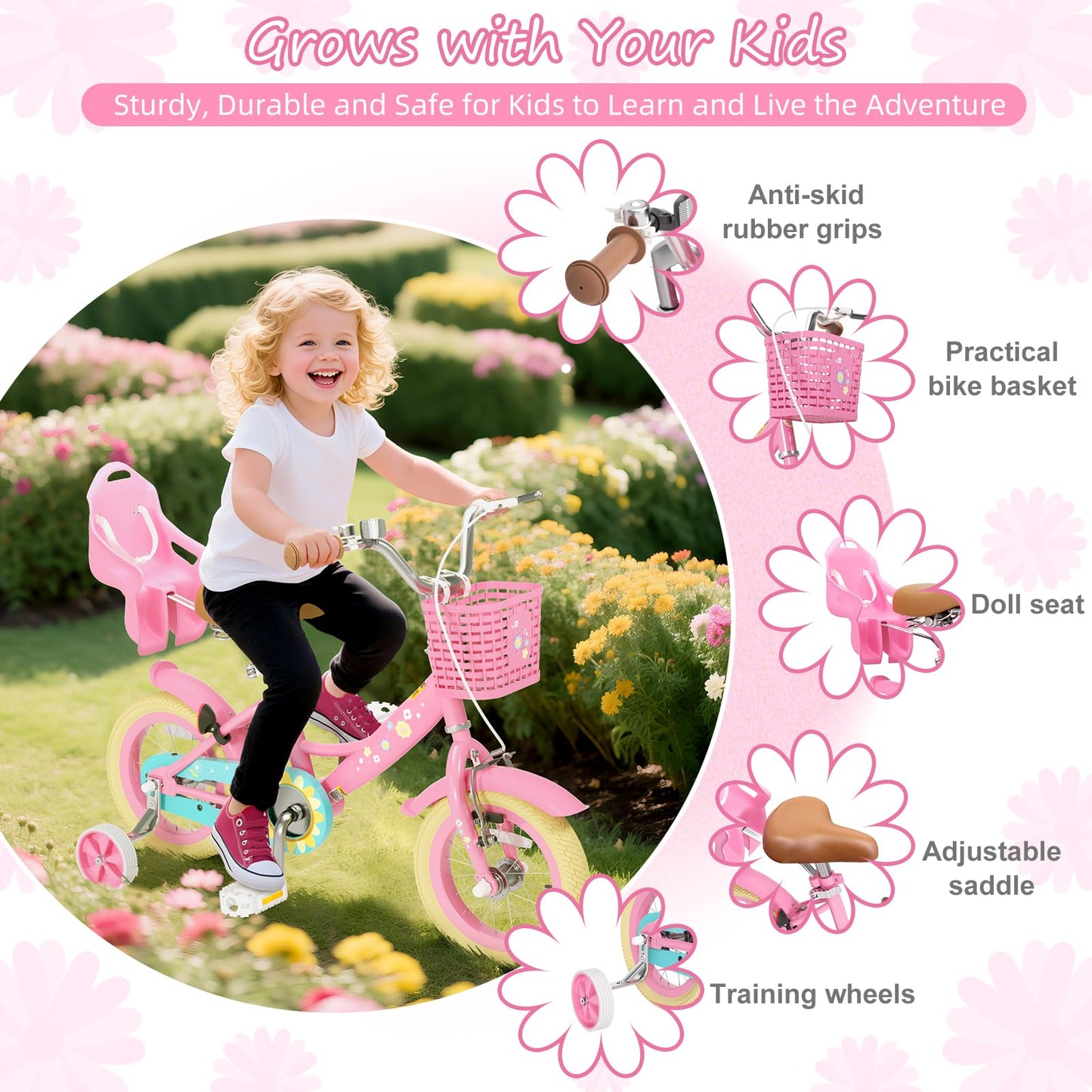 XJD Girls Bike for Toddlers and Kids Ages 2-12 Years Old,12 14 16 Inch Kids Bike with Training Wheels & Basket (12 Inch with Training Wheels, Flower Pink)