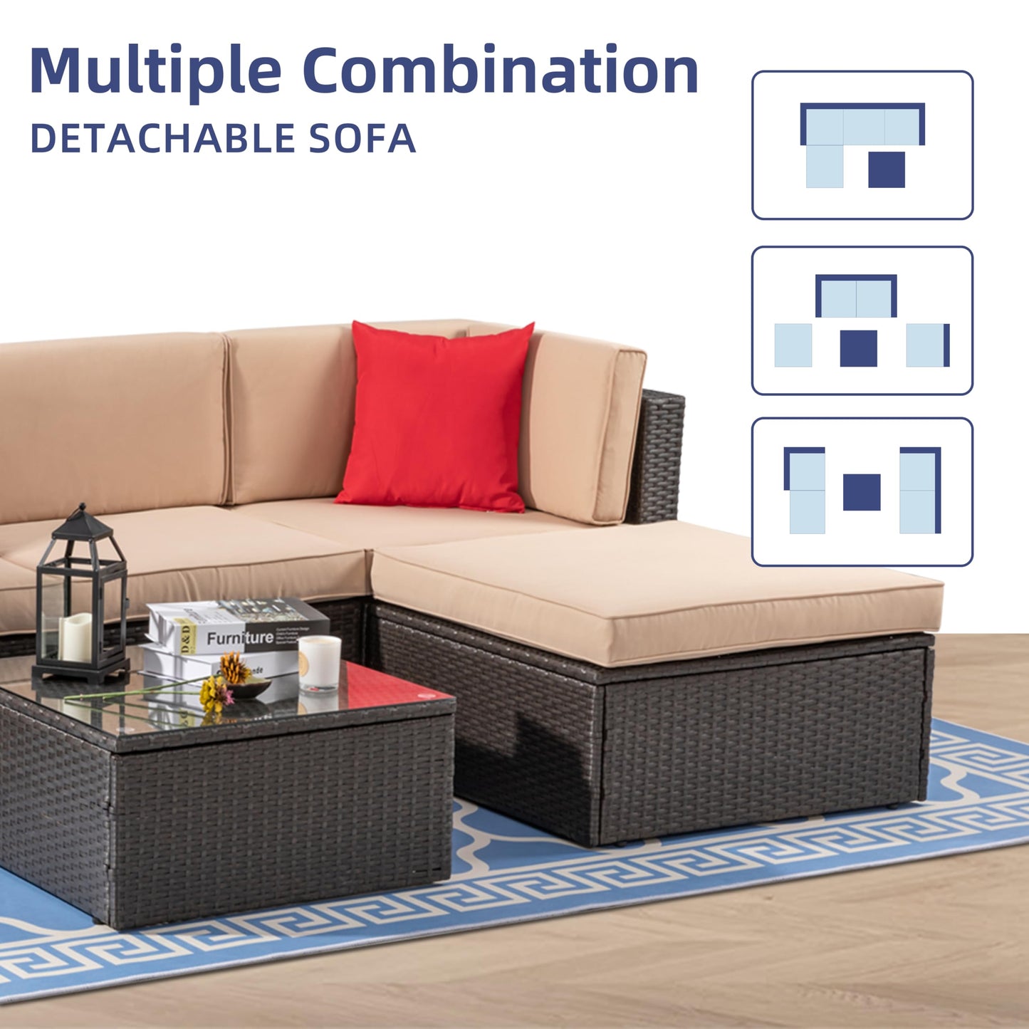 Vongrasig 5 Piece Patio Furniture Sets, All-Weather Brown PE Wicker Outdoor Couch Sectional Set, Small Conversation Set for Garden/Patio w/Ottoman, Glass Table, Red Pillow, Beige