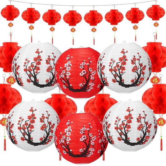 20 Pcs Chinese Japanese Paper Lanterns, Chinese New Year Lantern Decoration, Cherry Blossom Decorative Hanging Lanterns, Spring Festival Cherry Blossom Lanterns Ornaments