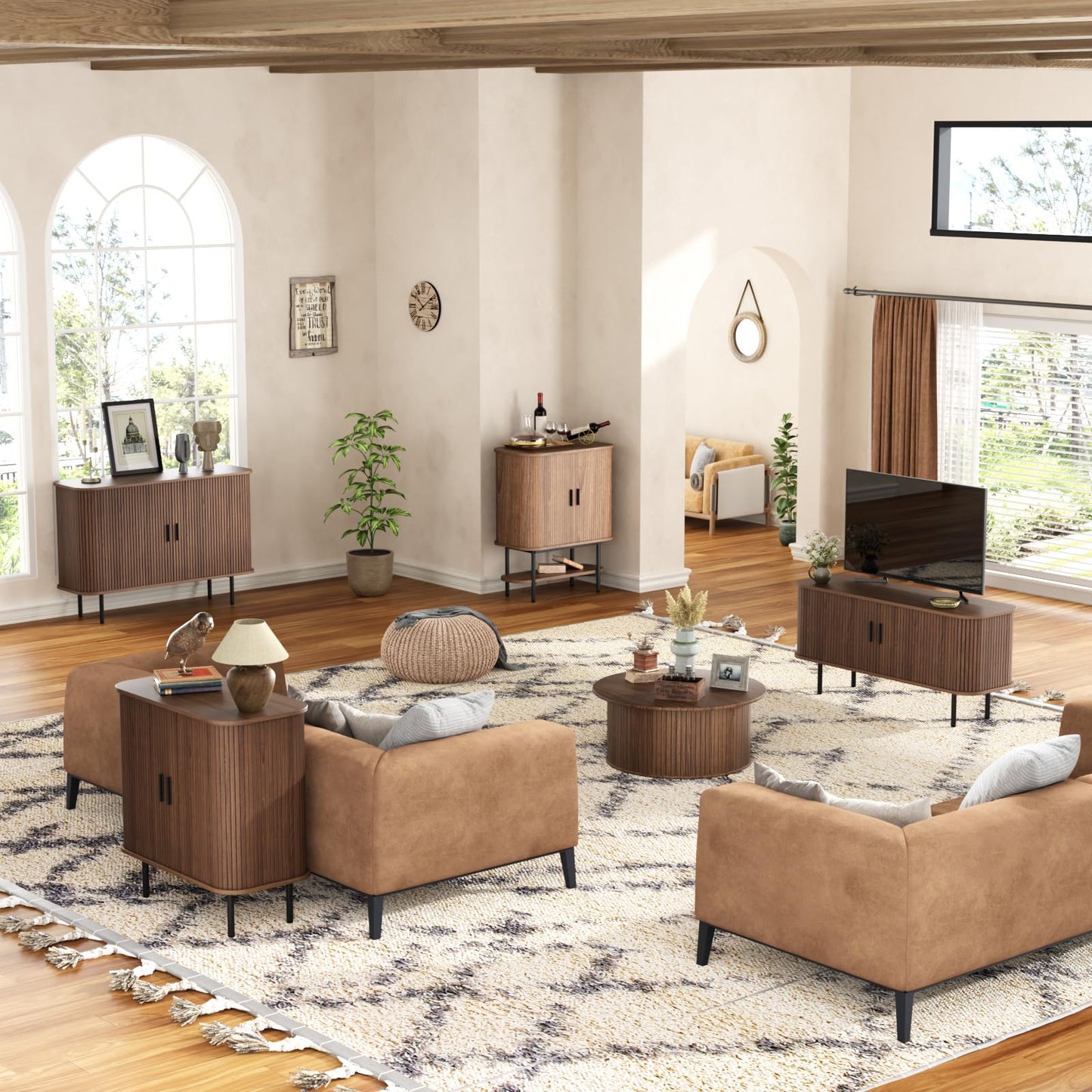 47''W x 32''H Walnut Storage Cabinet, Fluted Sideboard Buffet Cabinet with Storage, Console Table Credenza with Tambour Slatted Sliding Doors, TV Stand for Living Room, Kitchen